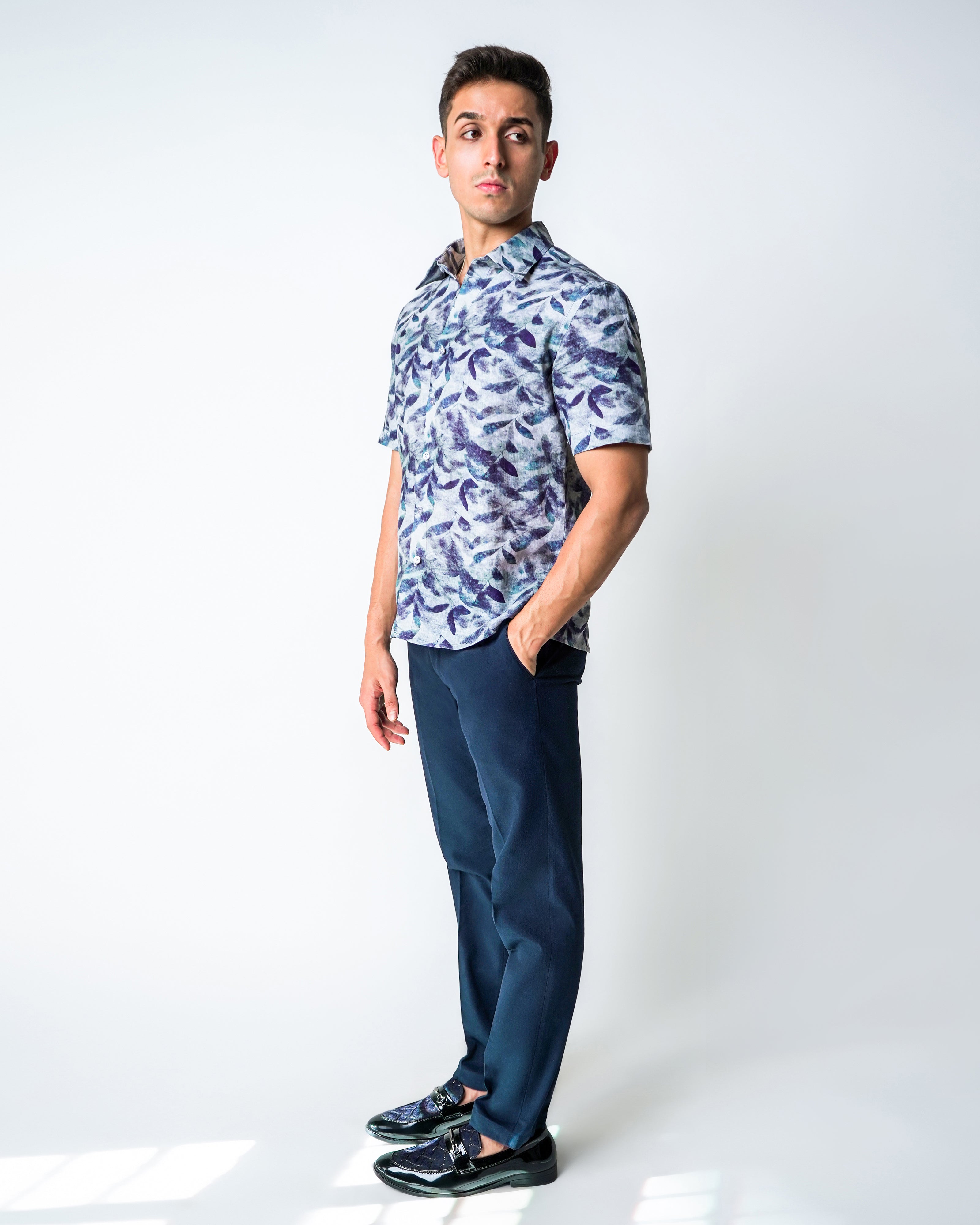 Blue Floral Printed Linen shirt