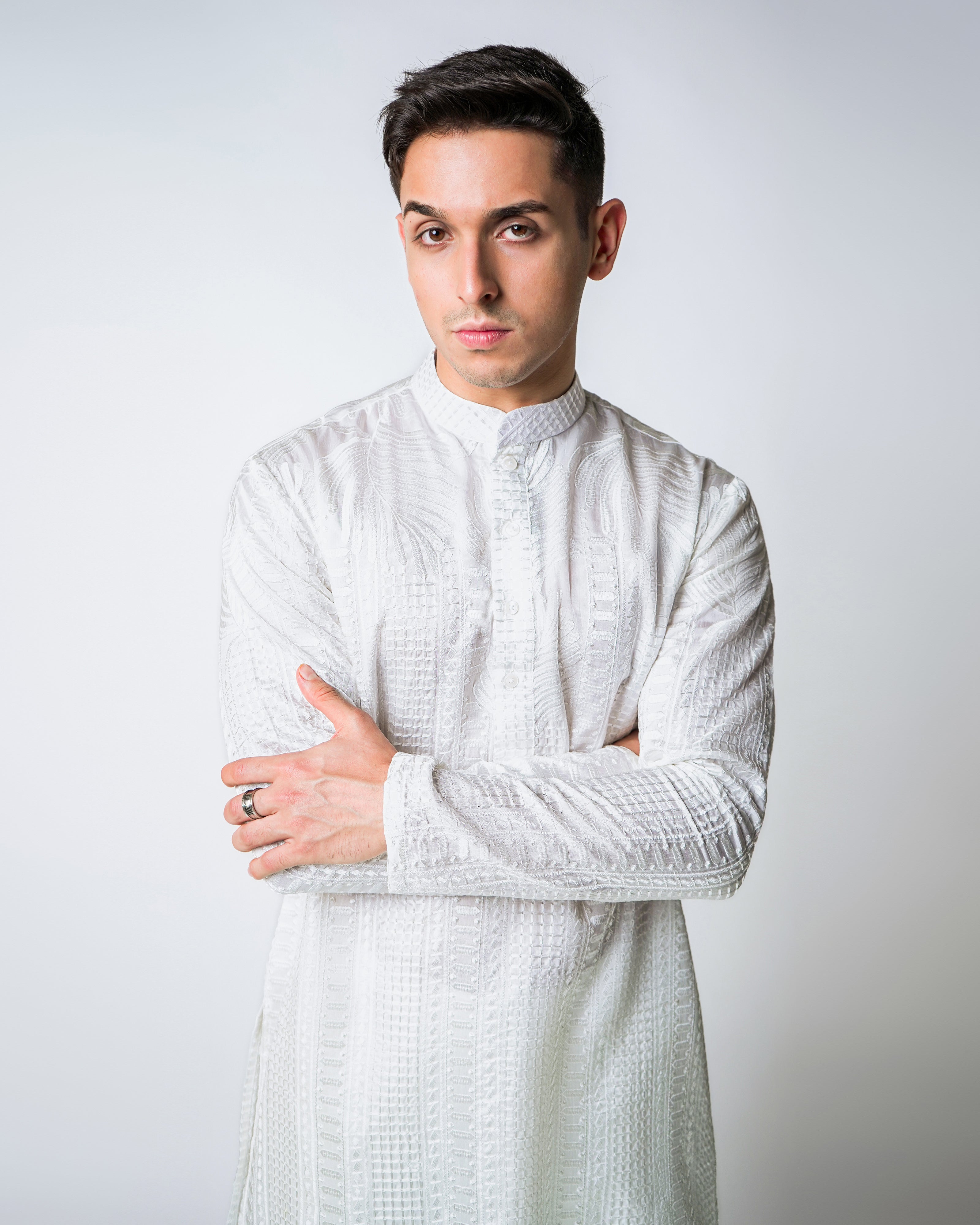 Ivory Frangipani Self Embroidered Silk Kurta Set