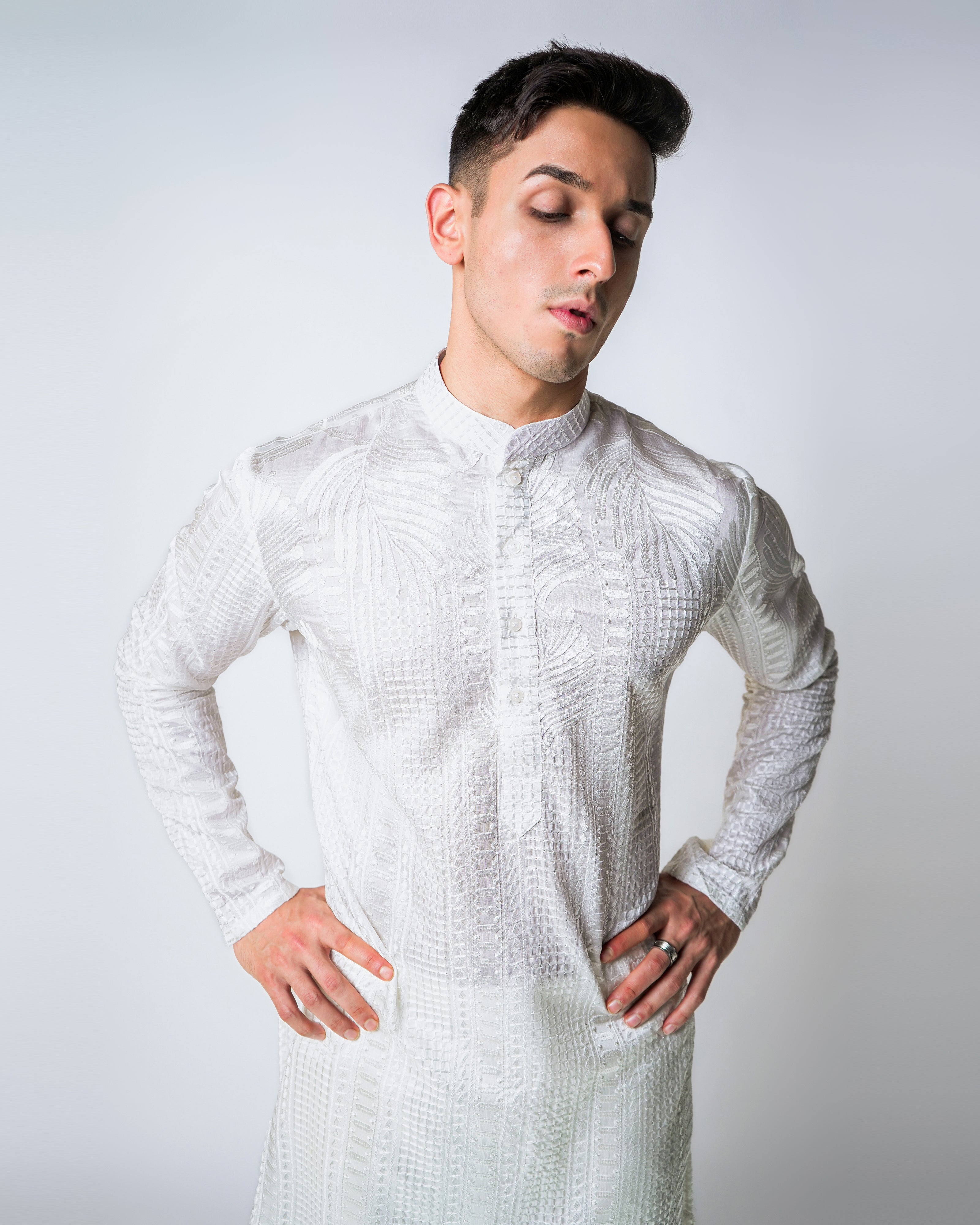 Ivory Frangipani Self Embroidered Silk Kurta Set