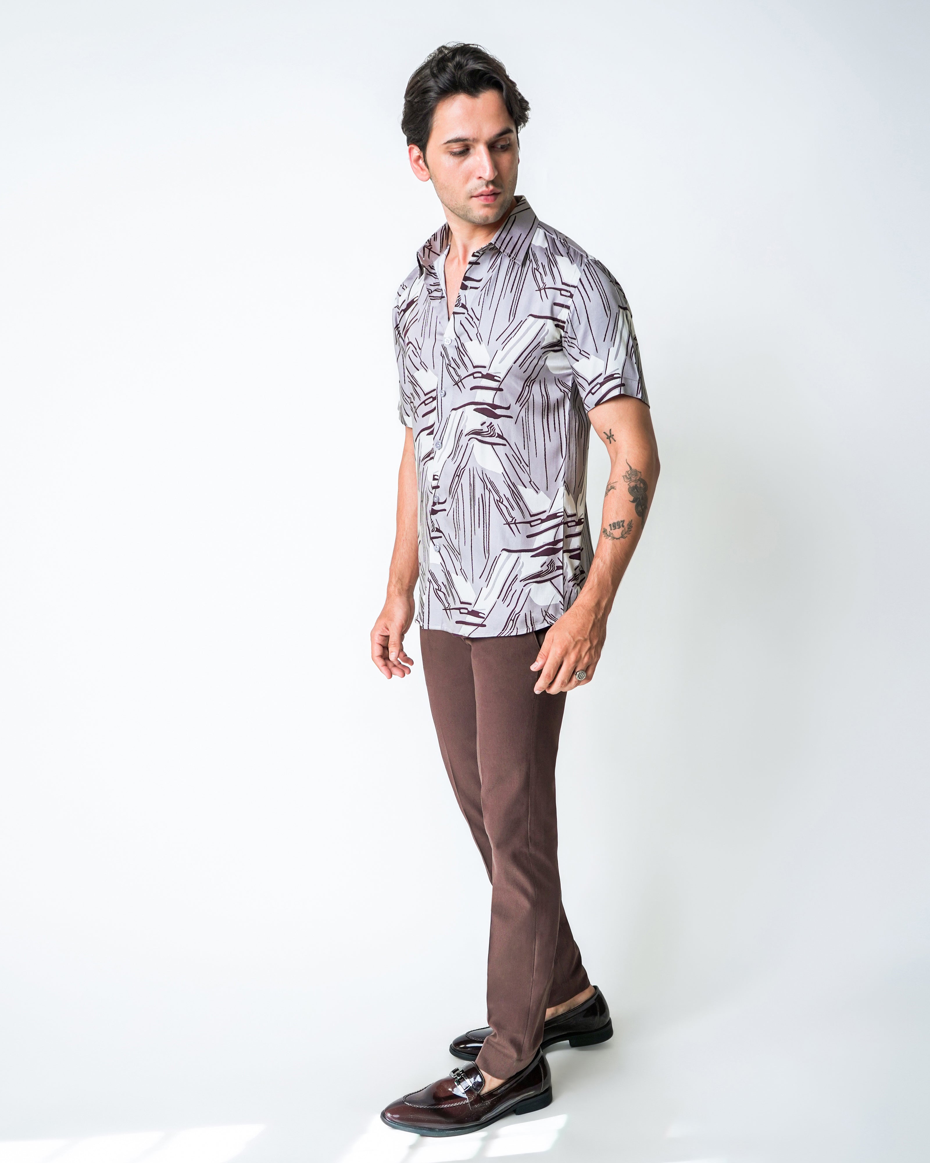 Brown and cream tencel printed shirt