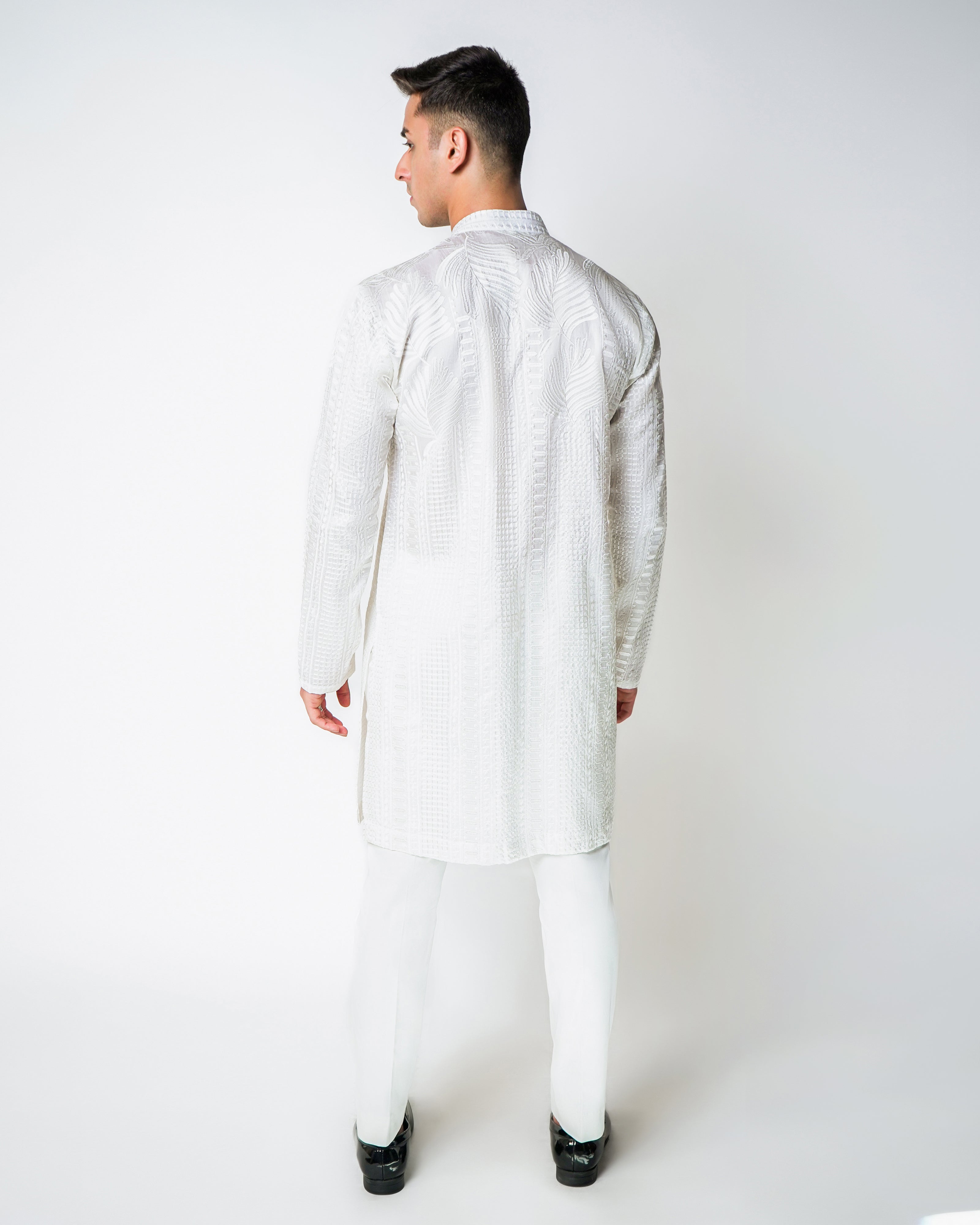 Ivory Frangipani Self Embroidered Silk Kurta Set