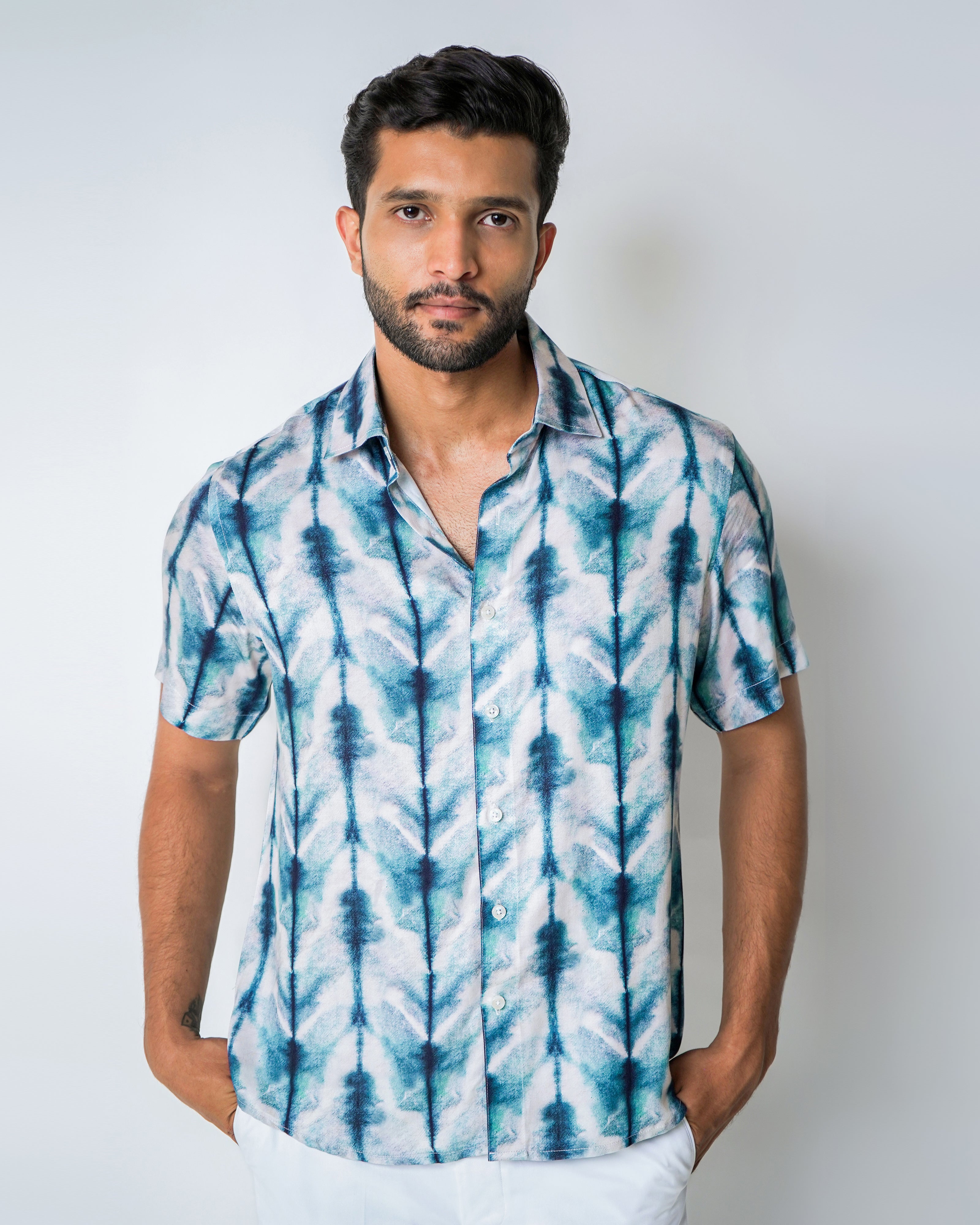 Blue and White Tencel abstract printed shirt