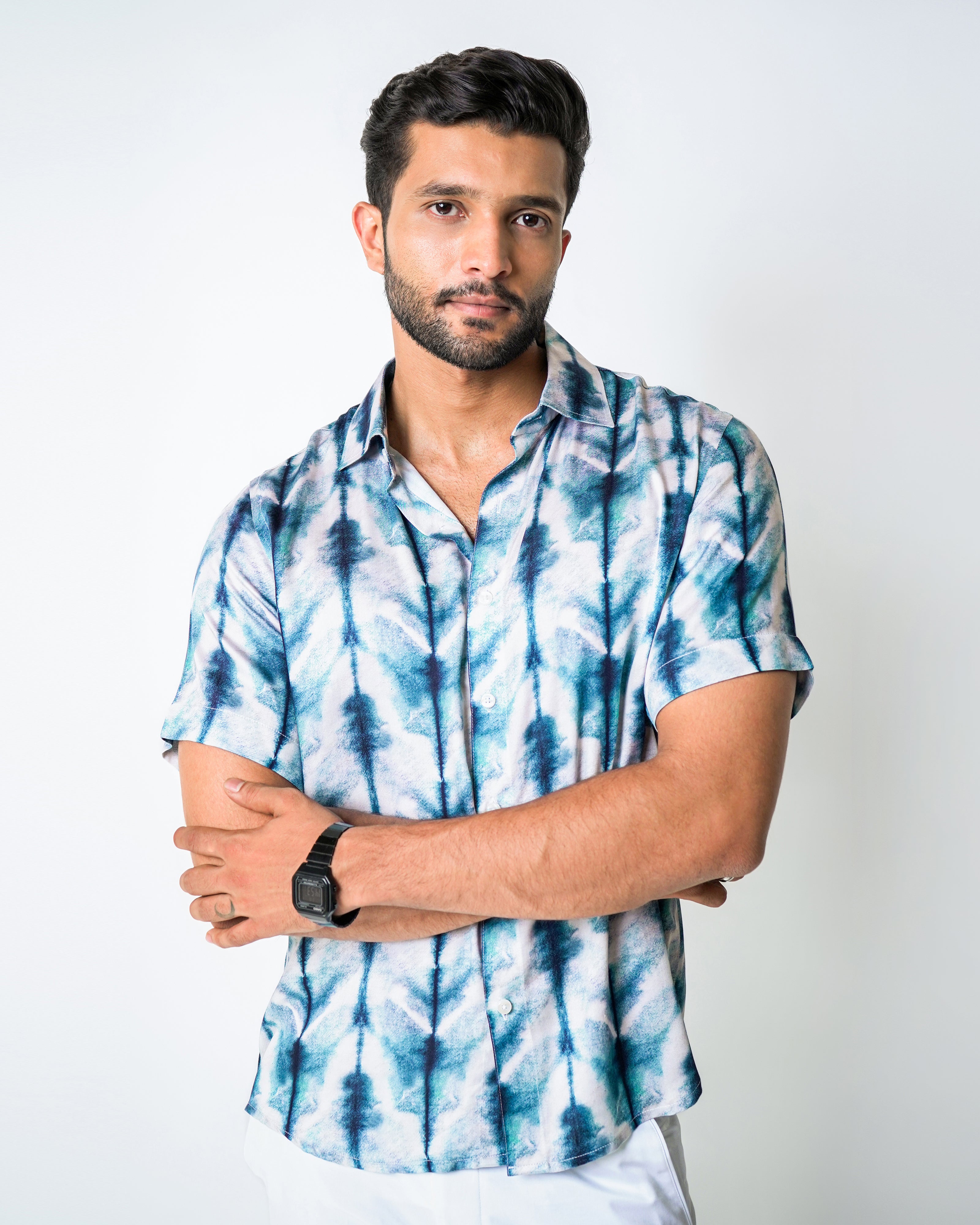 Blue and White Tencel abstract printed shirt