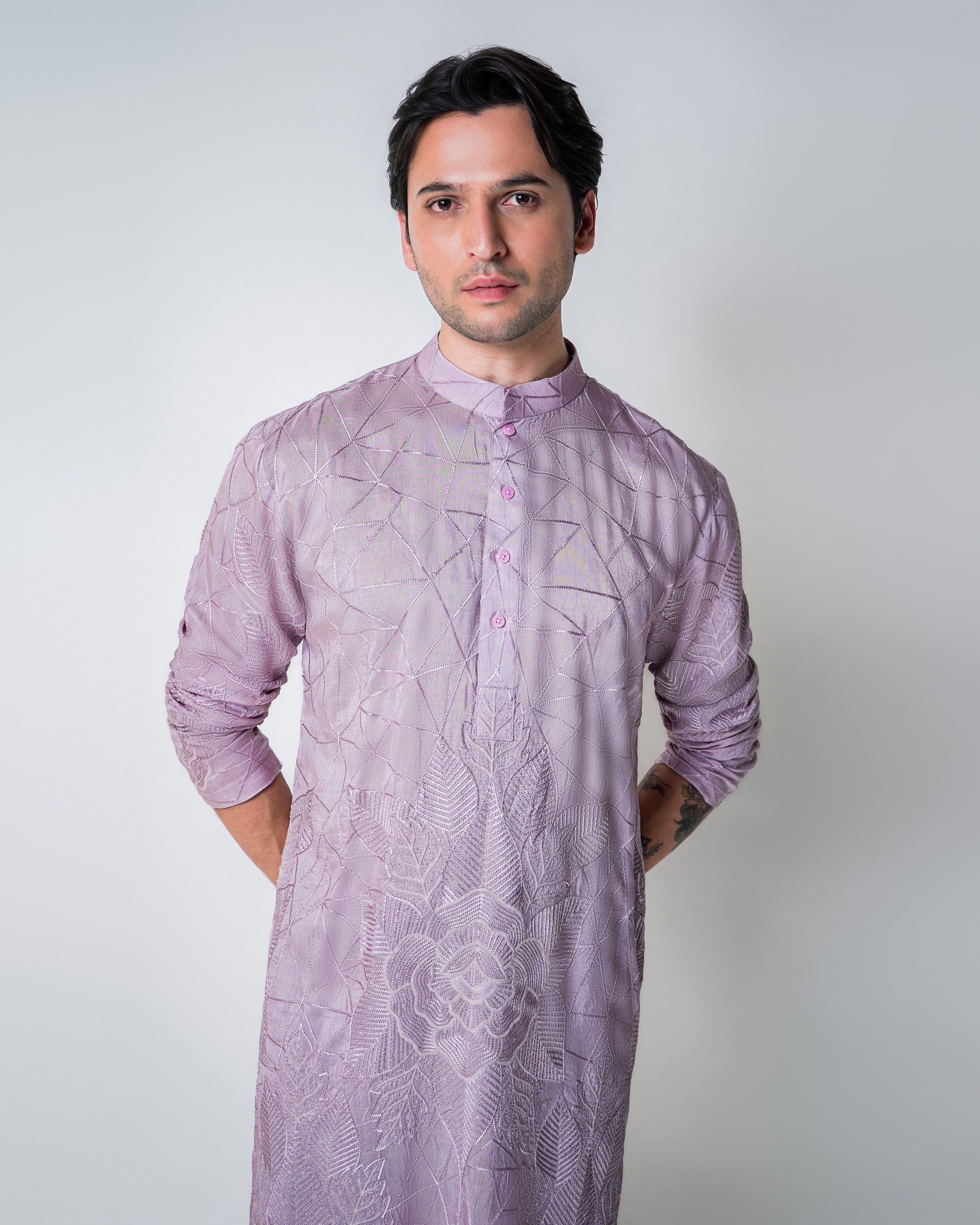 Lilac Abstract Gemotric Floral Self Embroidered stones Silk Kurta Set