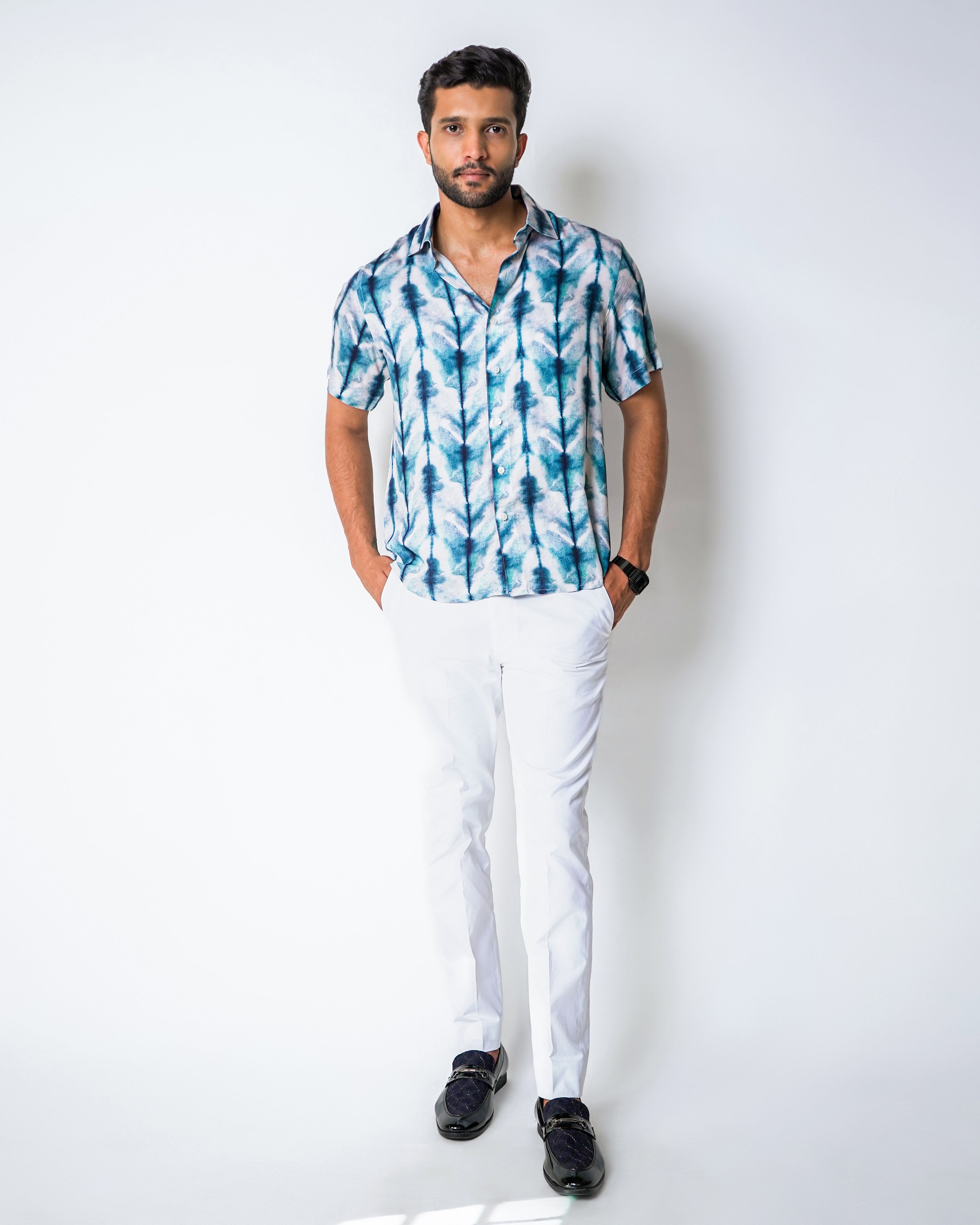 Blue and White Tencel abstract printed shirt