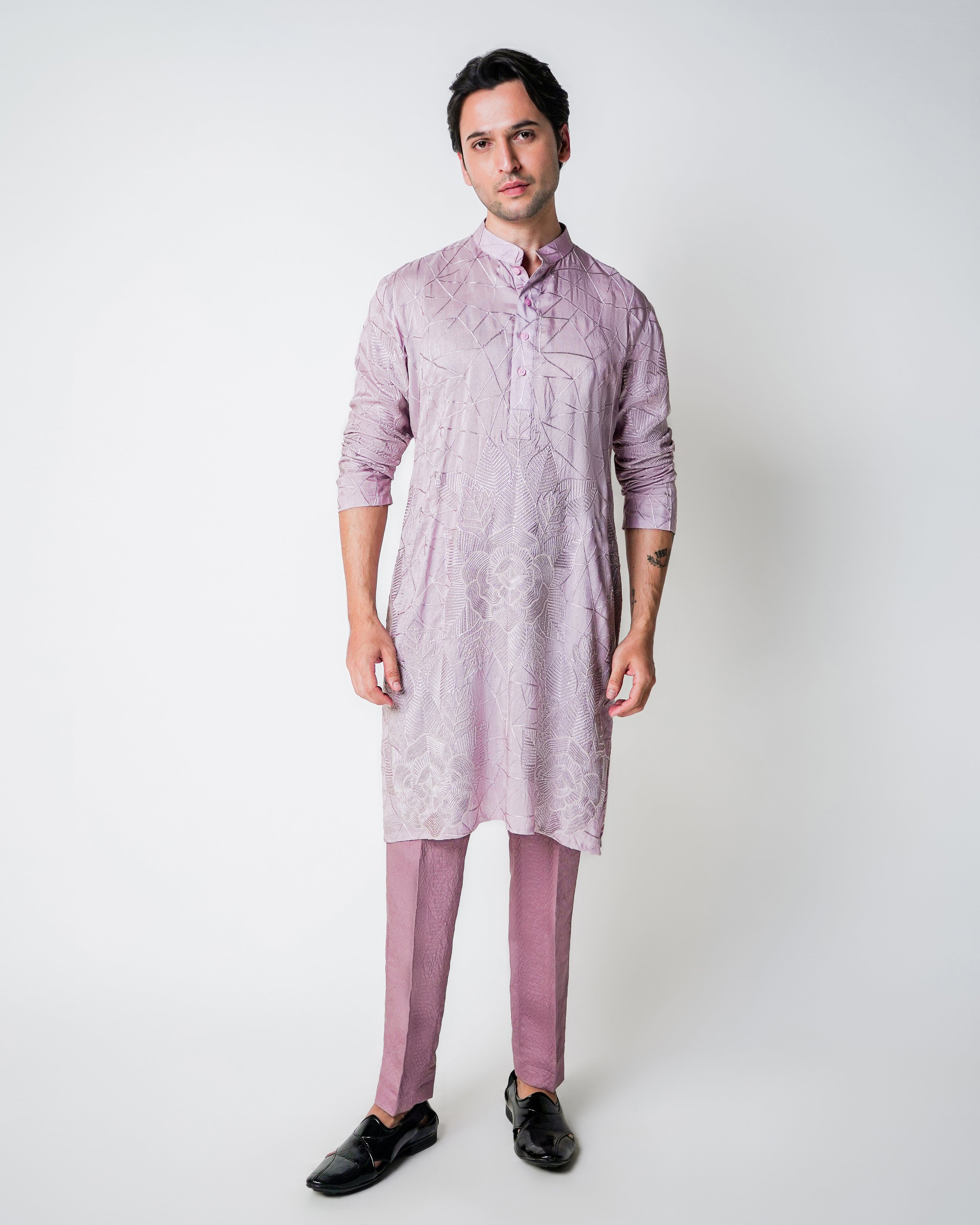 Lilac Abstract Gemotric Floral Self Embroidered stones Silk Kurta Set