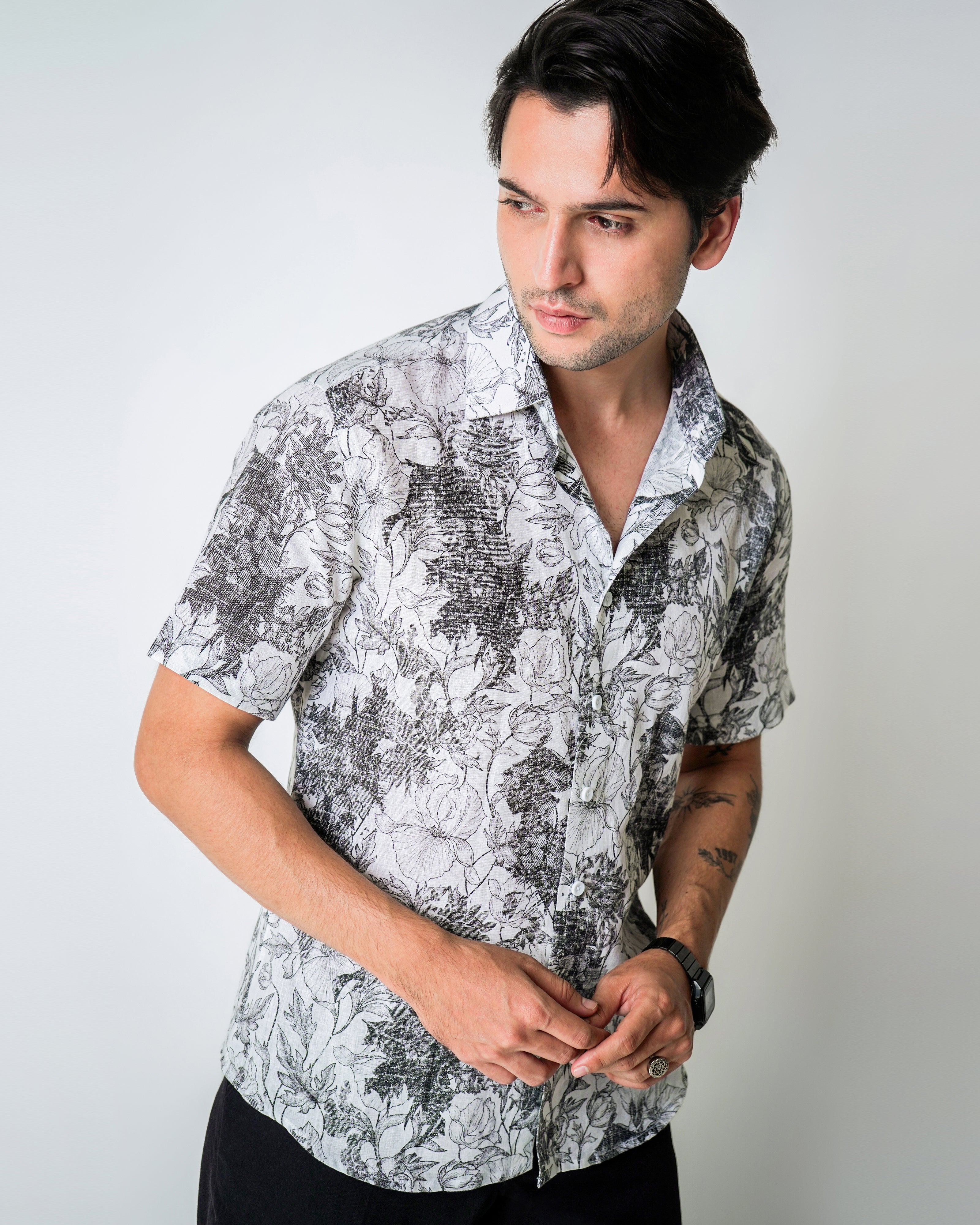 White and Black linen Floral Printed shirt