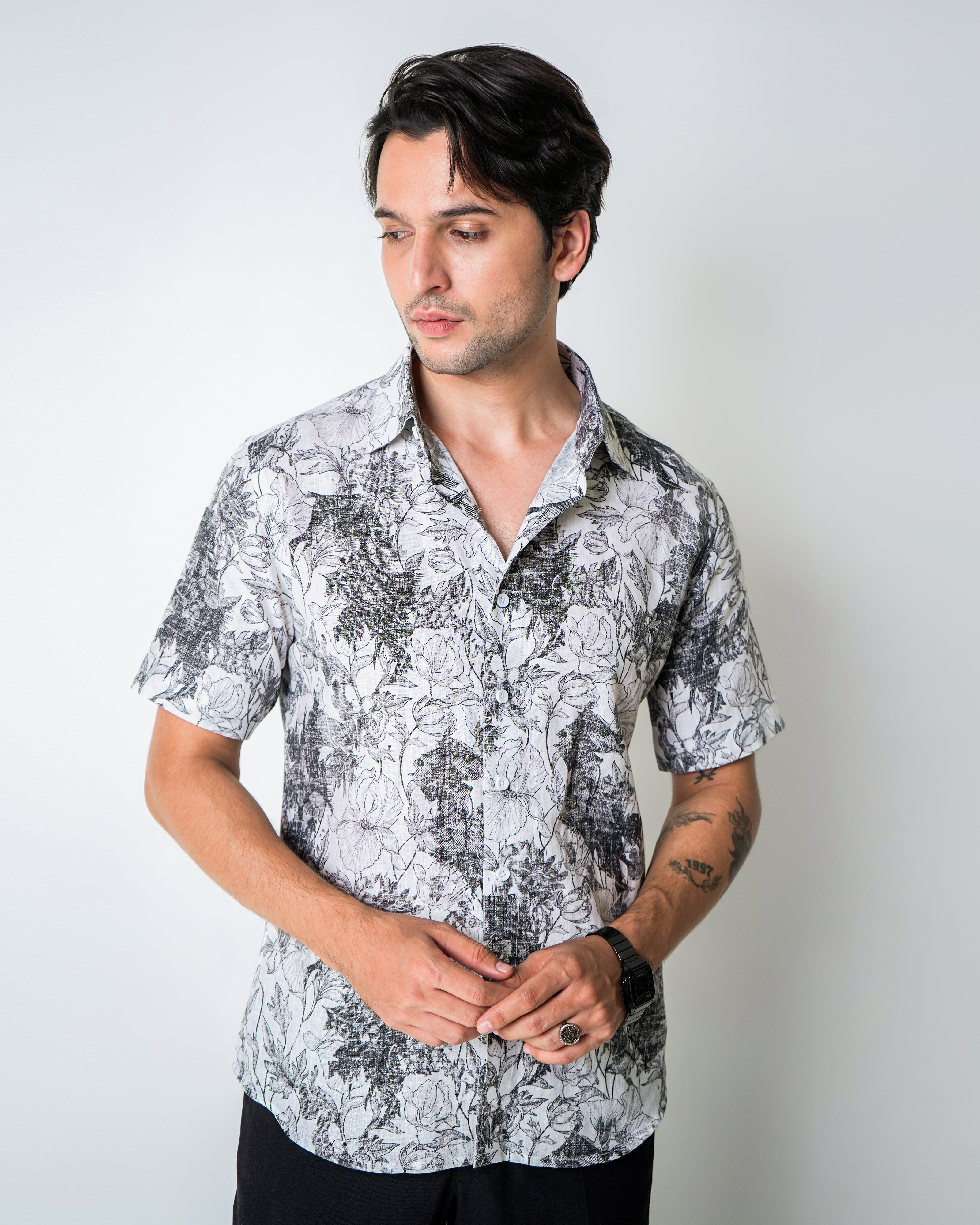 White and Black linen Floral Printed shirt
