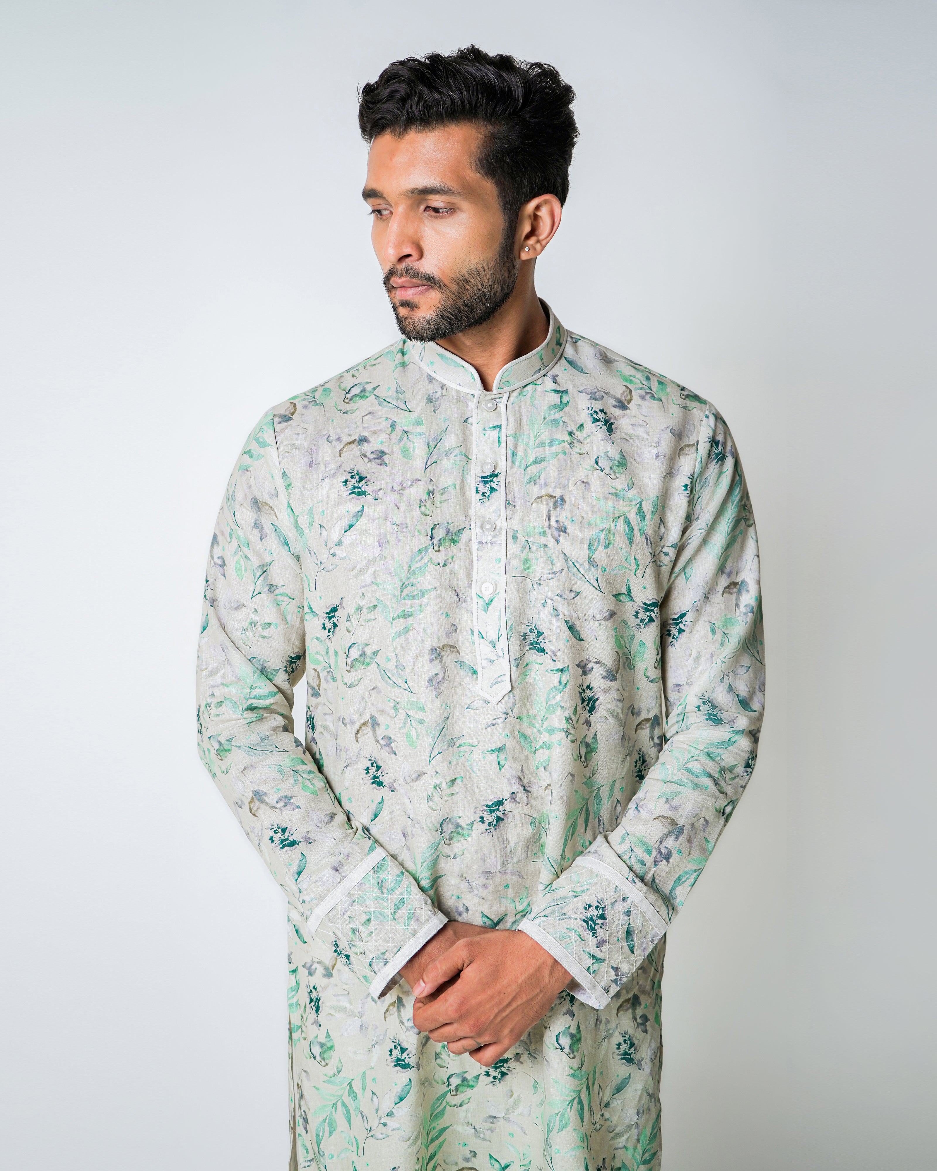 Light green Linen floral printed kurta set