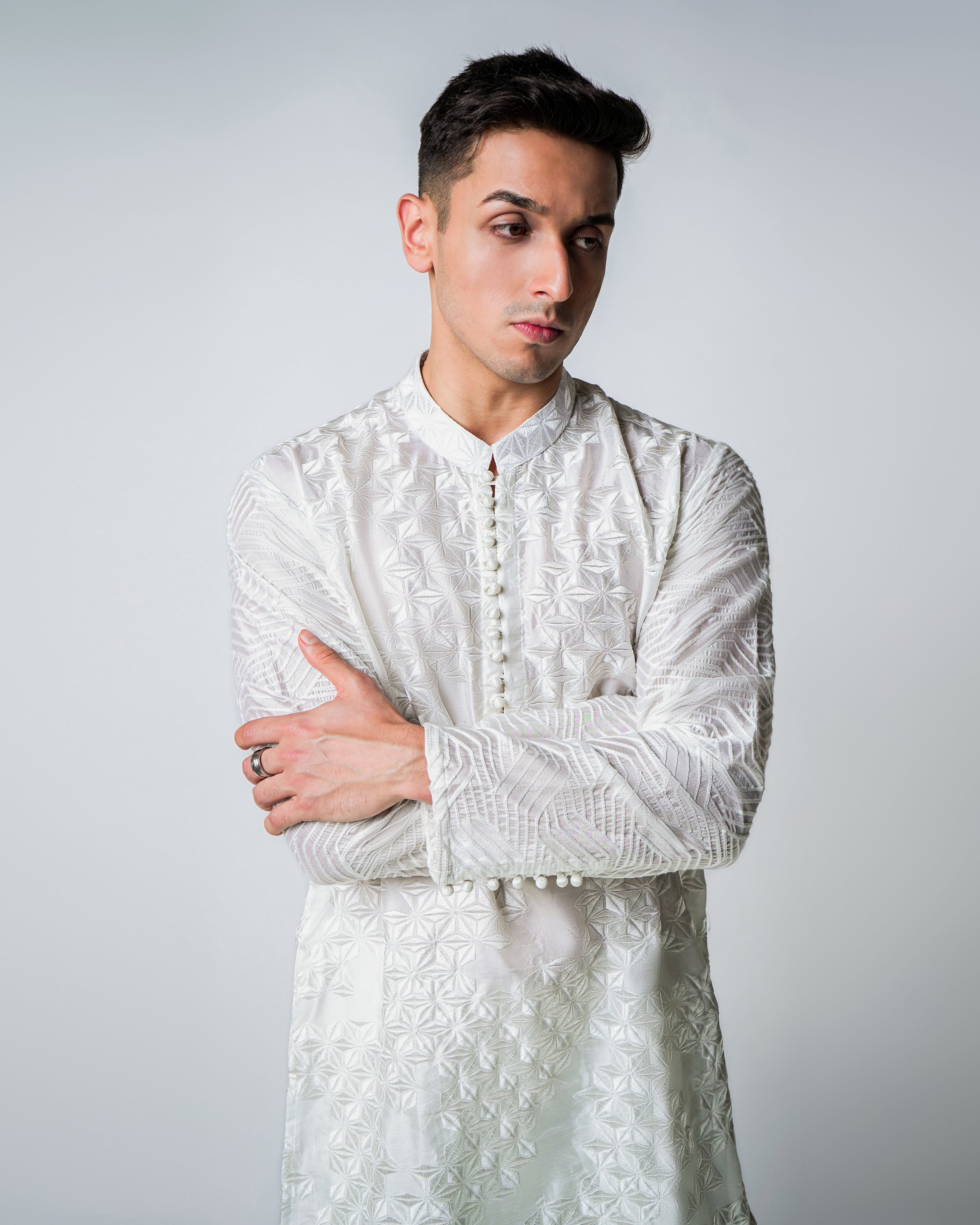 Assymetric Geometric White cotton silk kurta