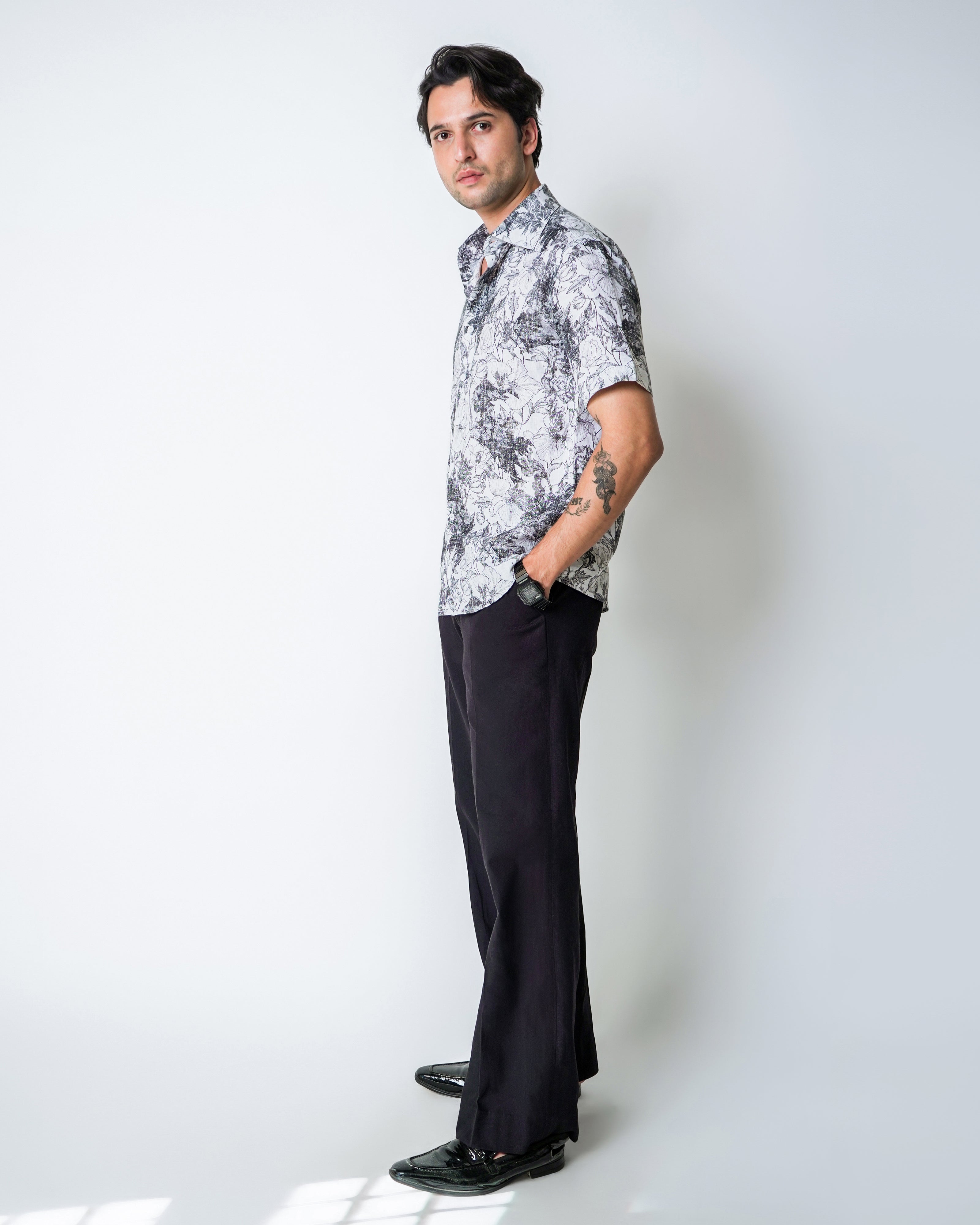 White and Black linen Floral Printed shirt
