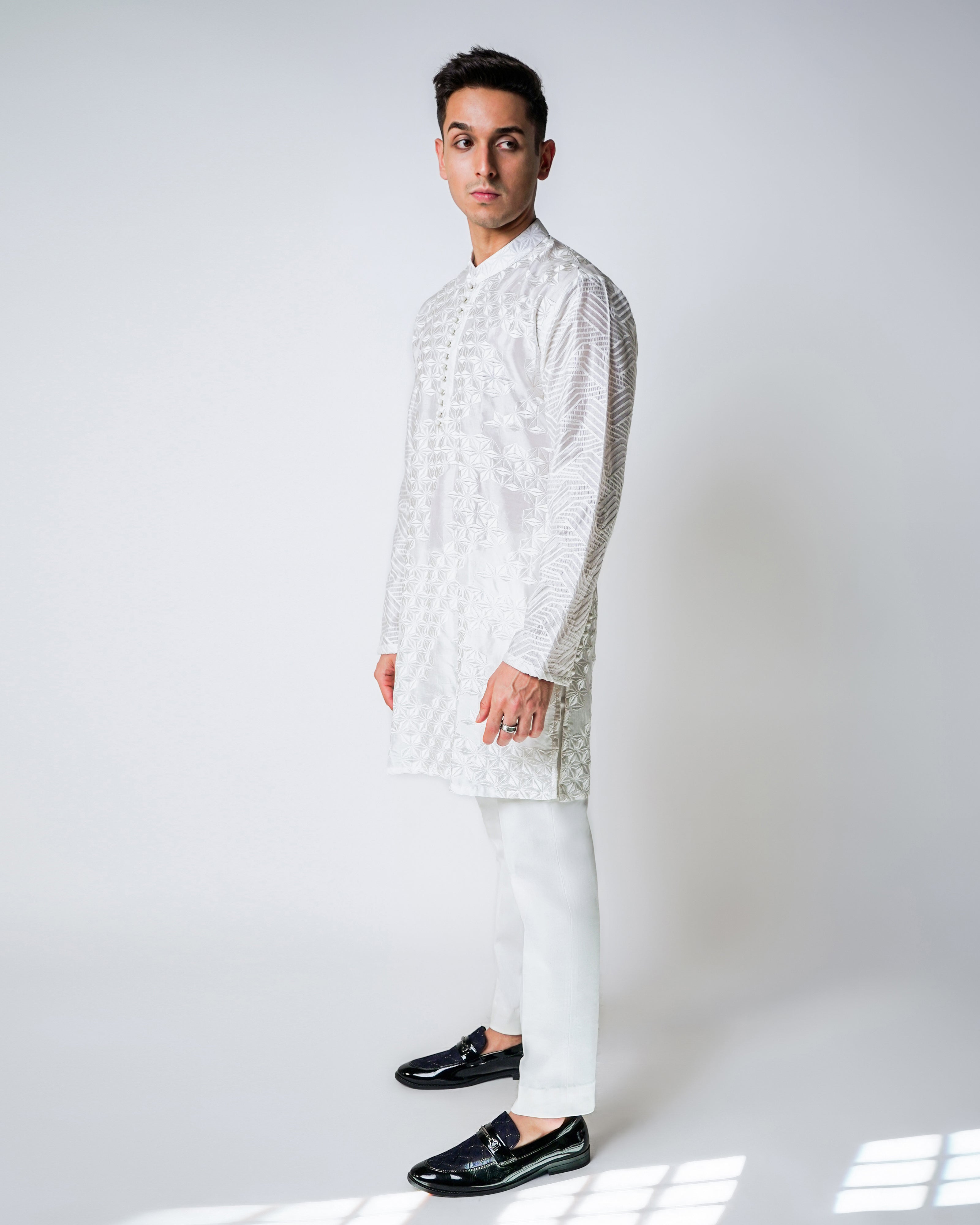 Assymetric Geometric White cotton silk kurta