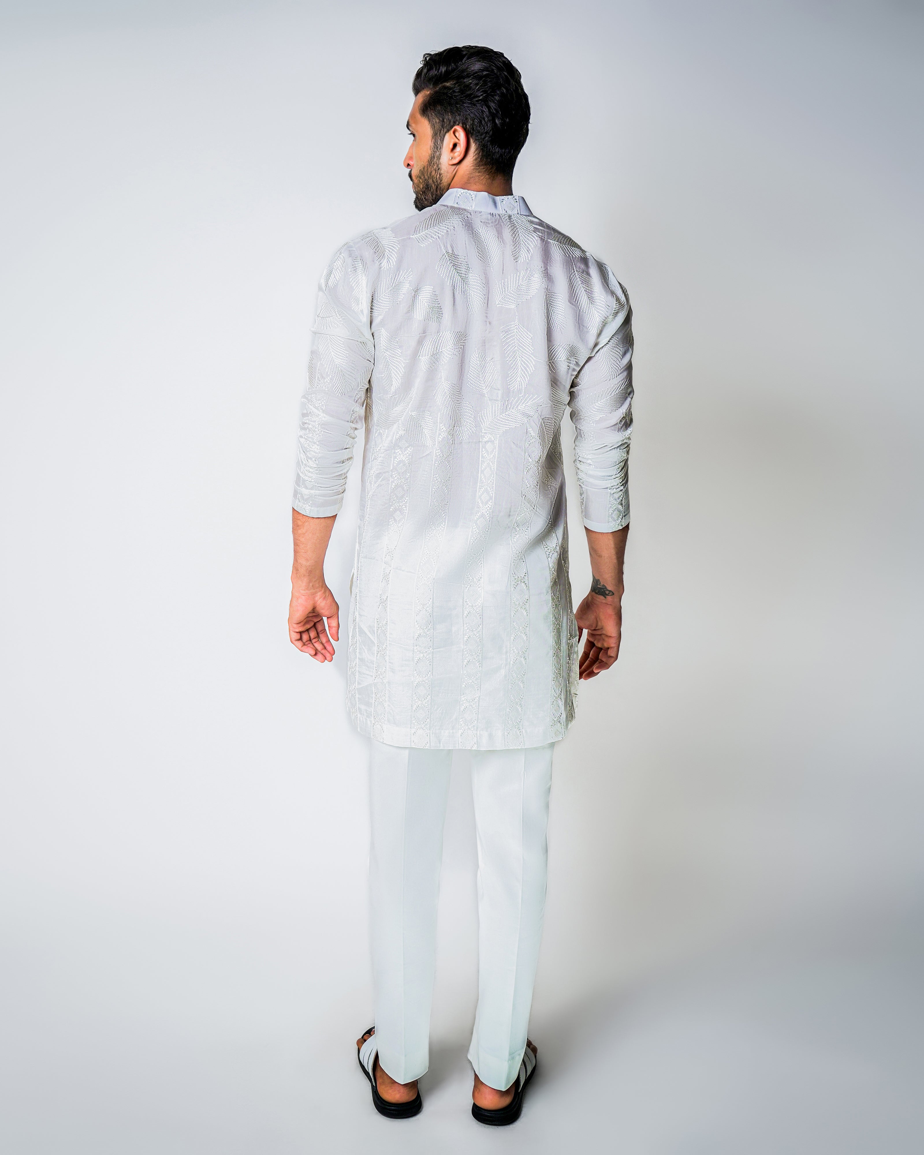 Reverse Floral Showers - White cotton silk kurta set
