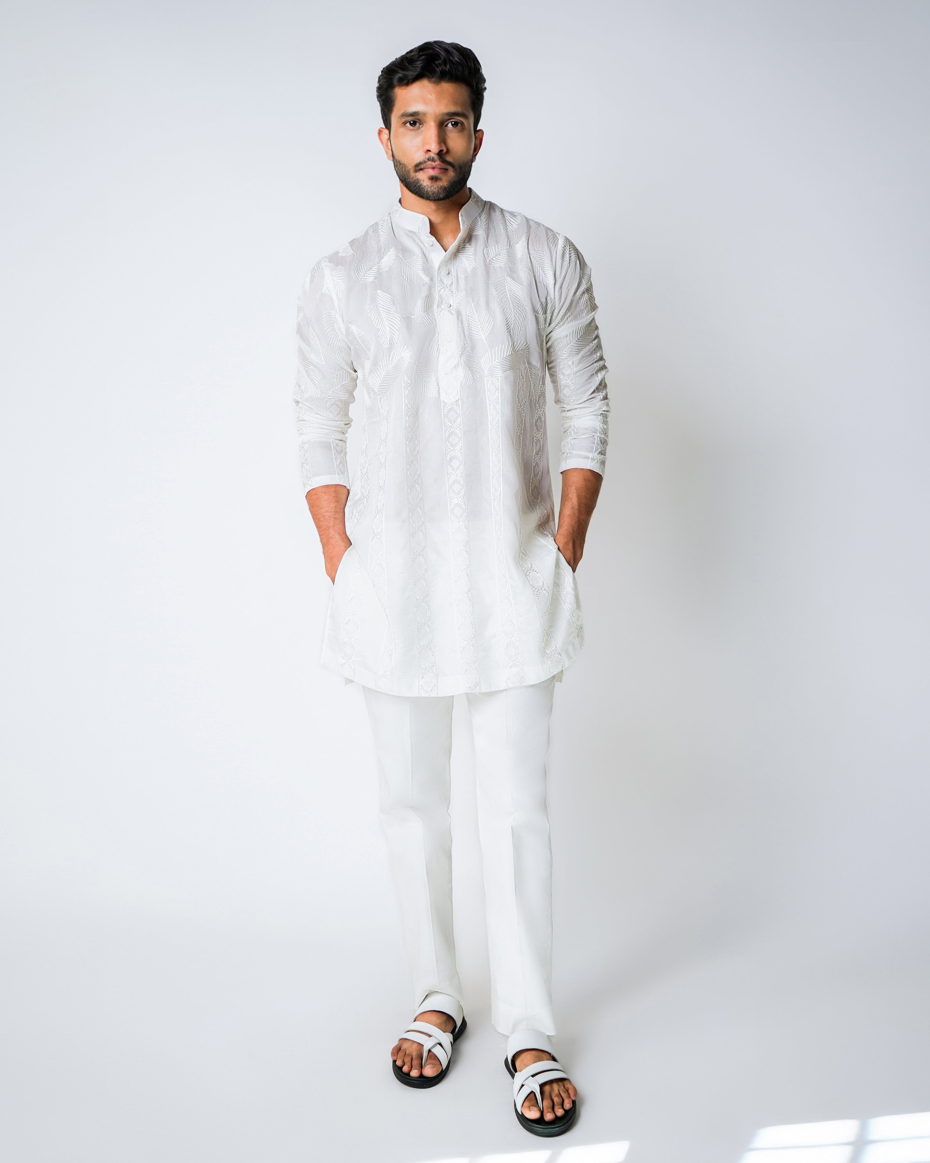 Reverse Floral Showers - White cotton silk kurta set