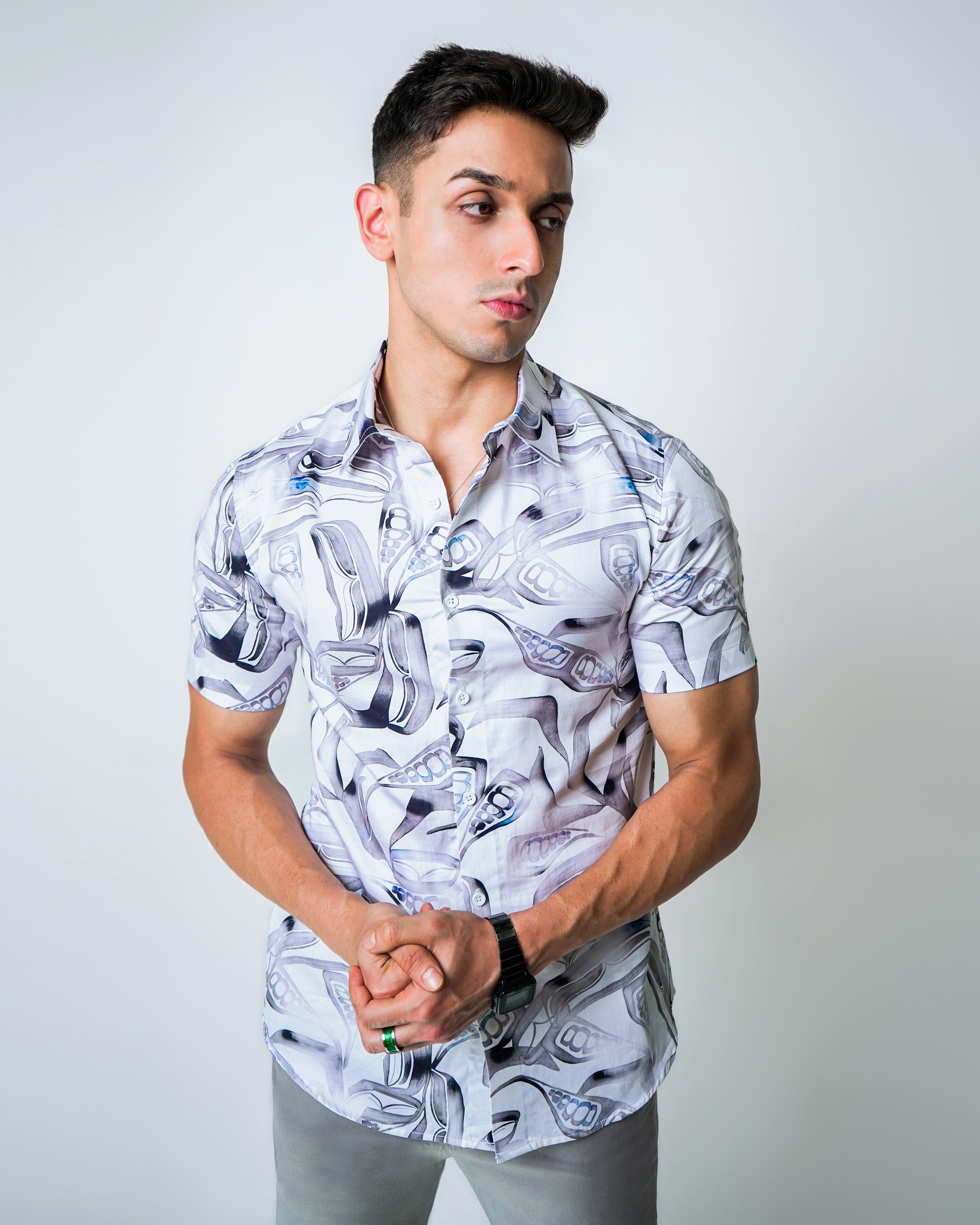 White & Grey Cotton printed Shirt
