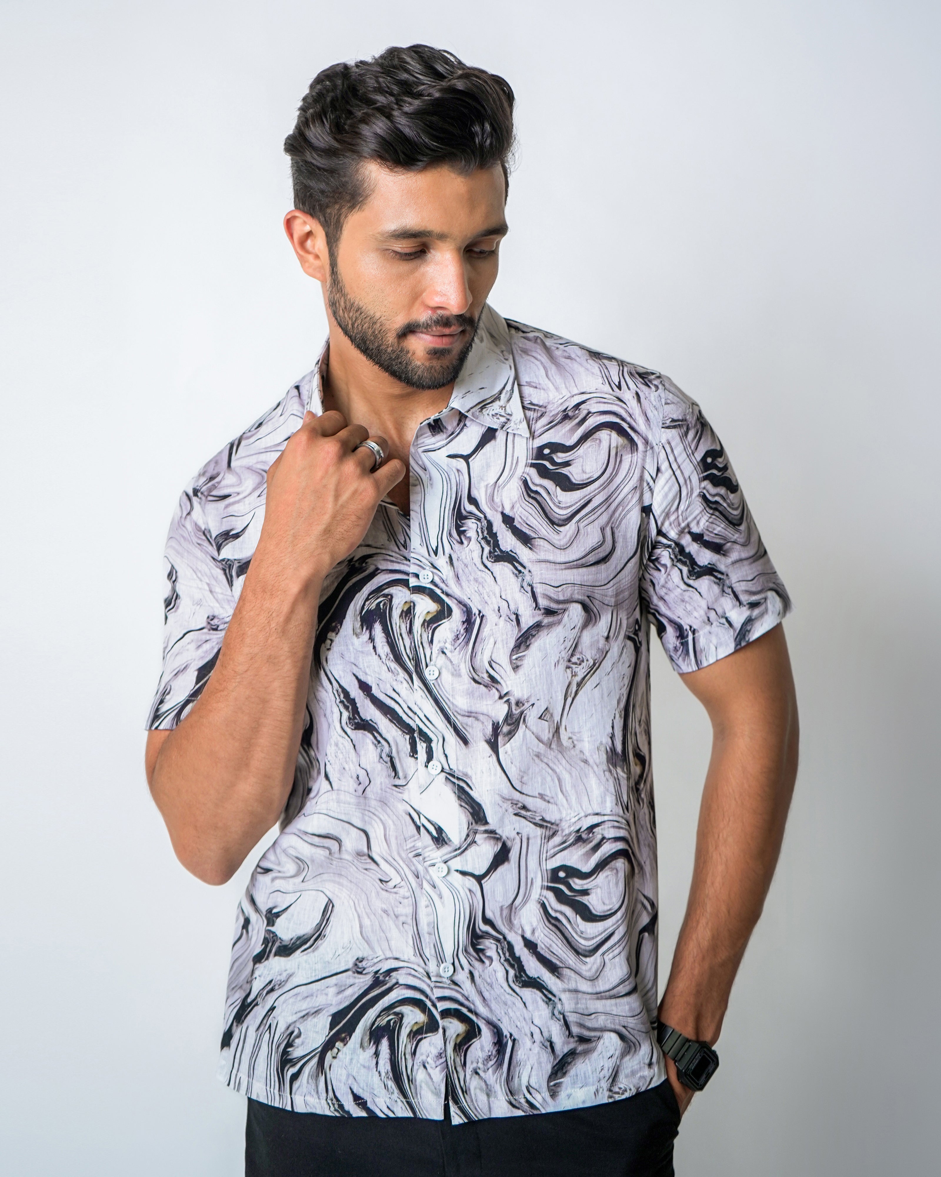 White and Black Marble Print Linen Shirt