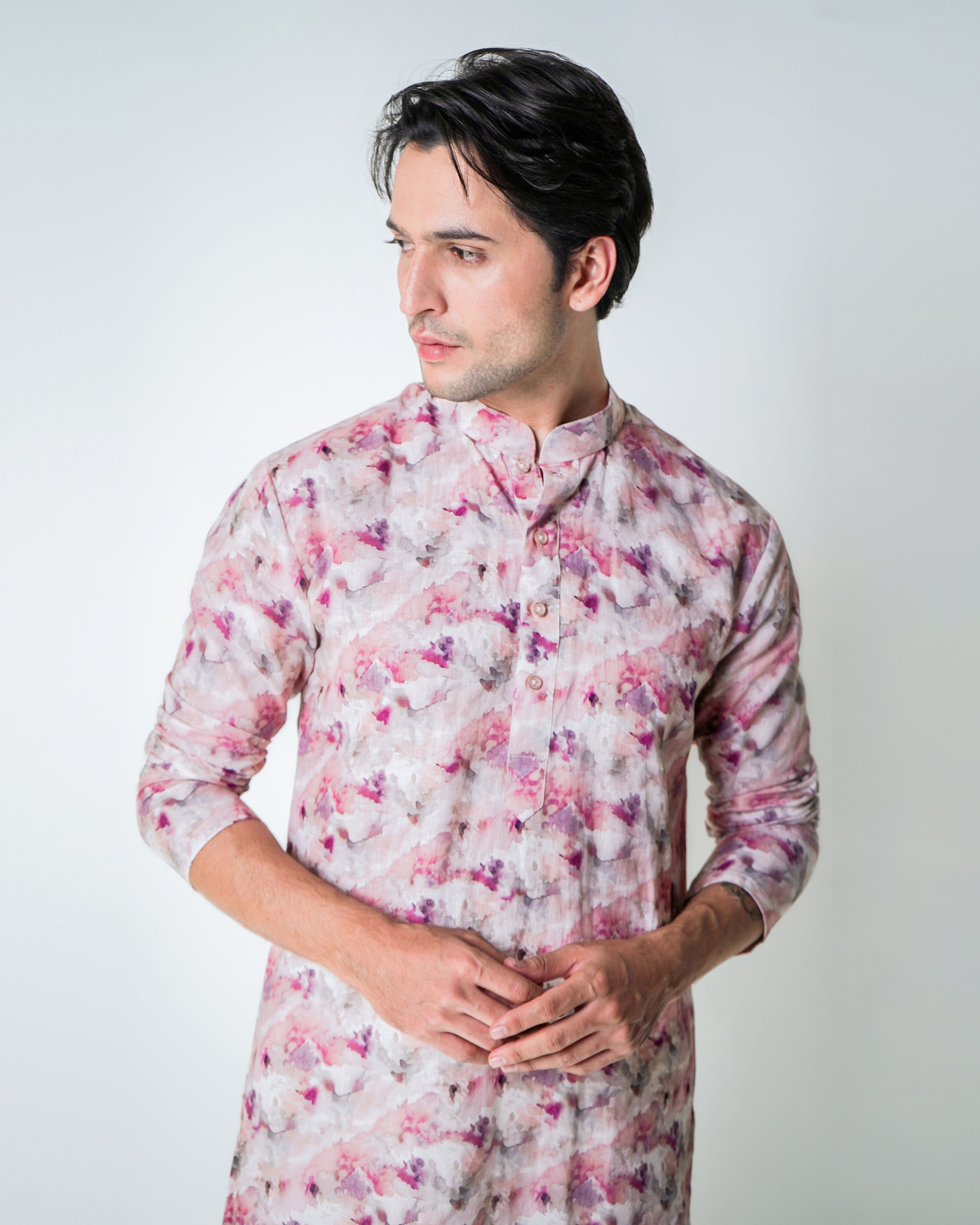 Pink Linen floral printed kurta set
