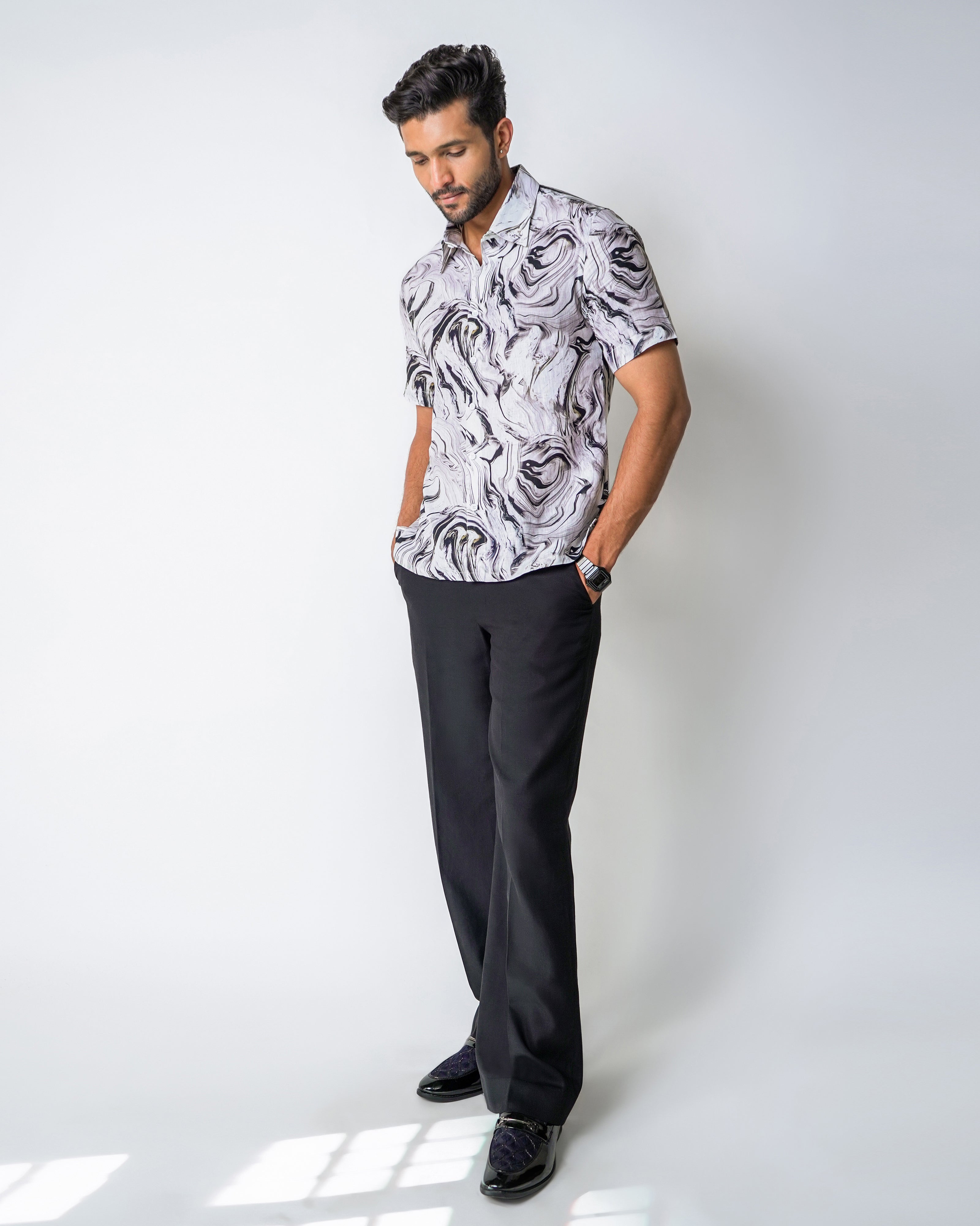 White and Black Marble Print Linen Shirt