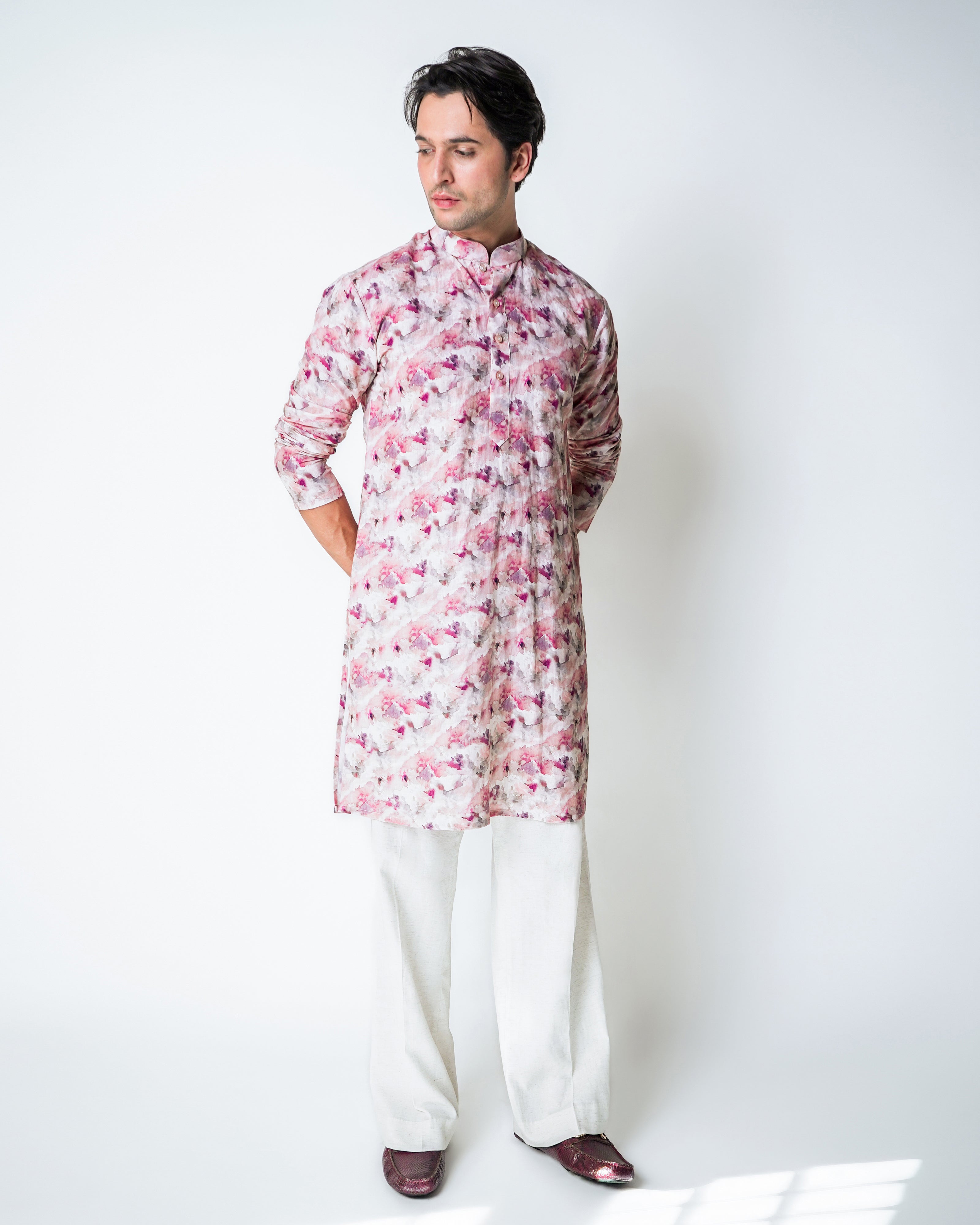 Pink Linen floral printed kurta set