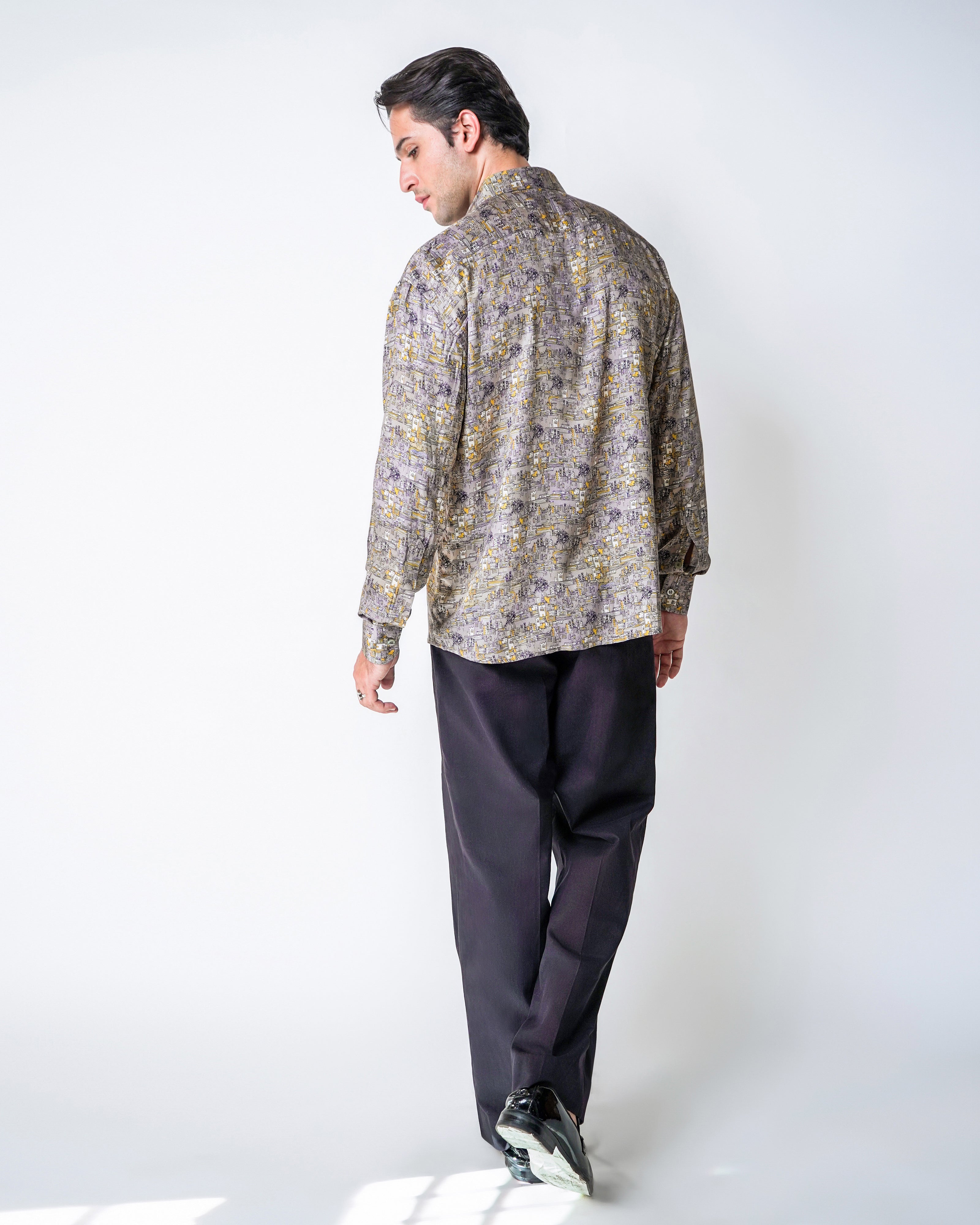 Sheher Grey and Yellow Printed Tencel Shirt