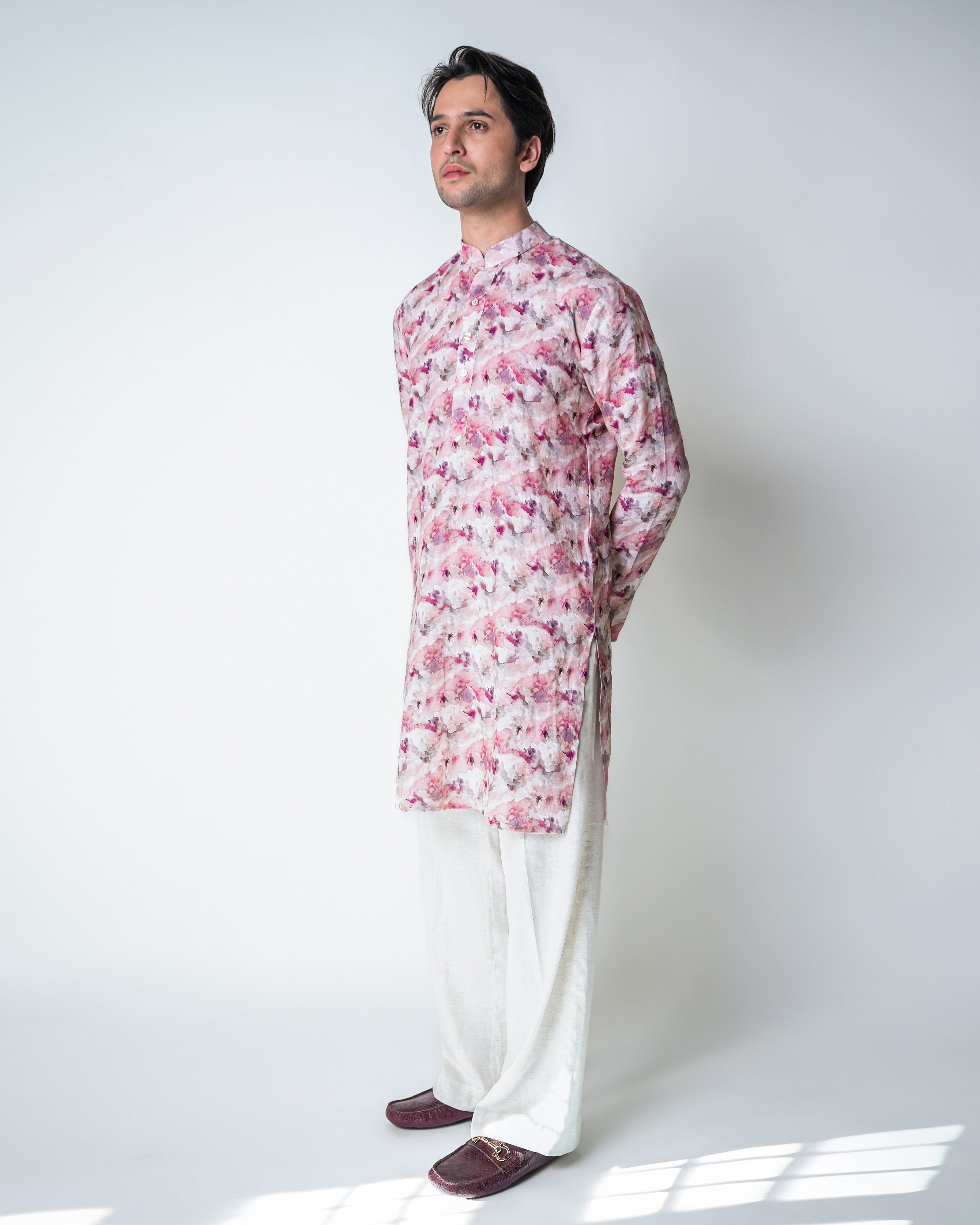 Pink Linen floral printed kurta set