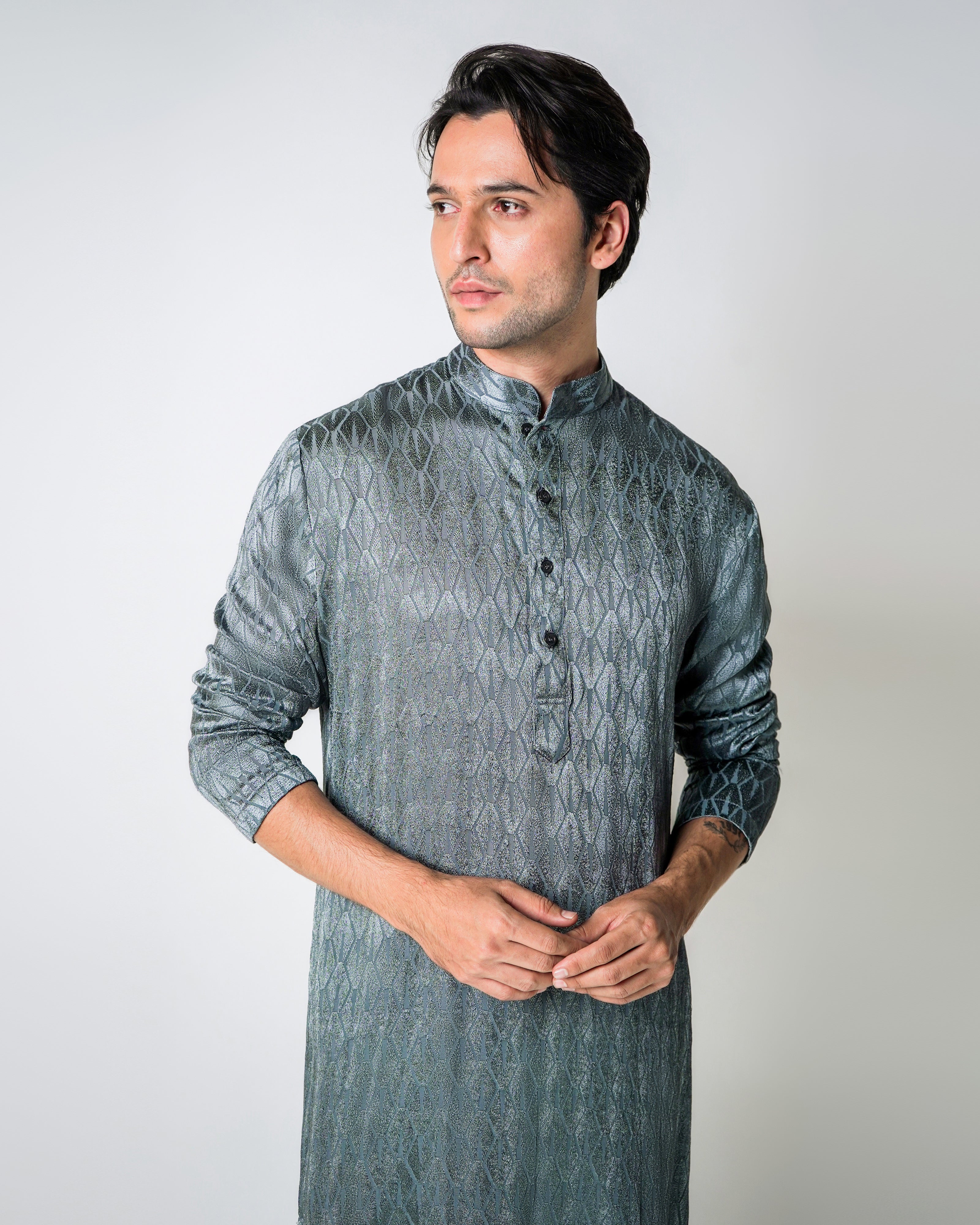 Metal Grey self Embroidered Silk Kurta Set