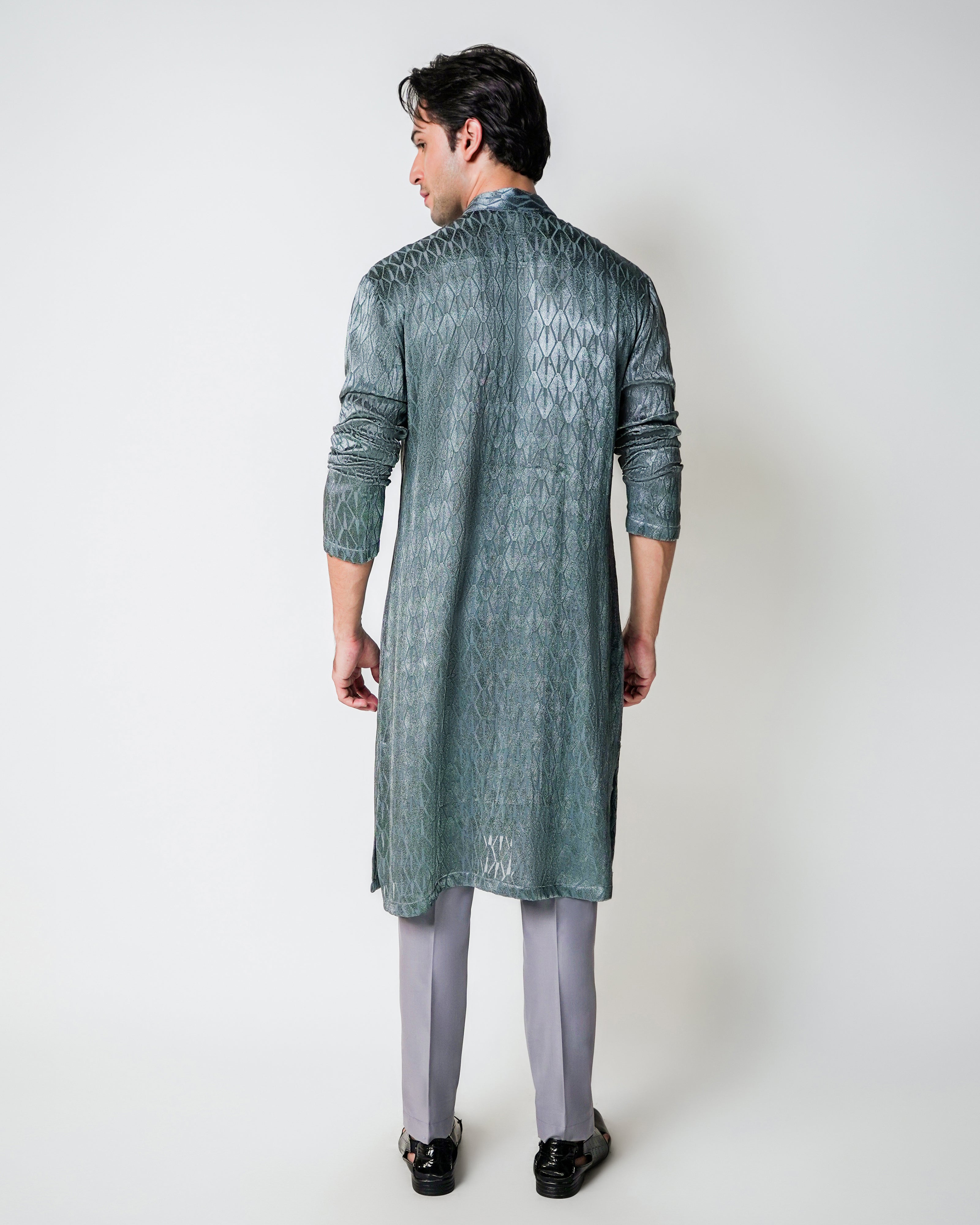 Metal Grey self Embroidered Silk Kurta Set