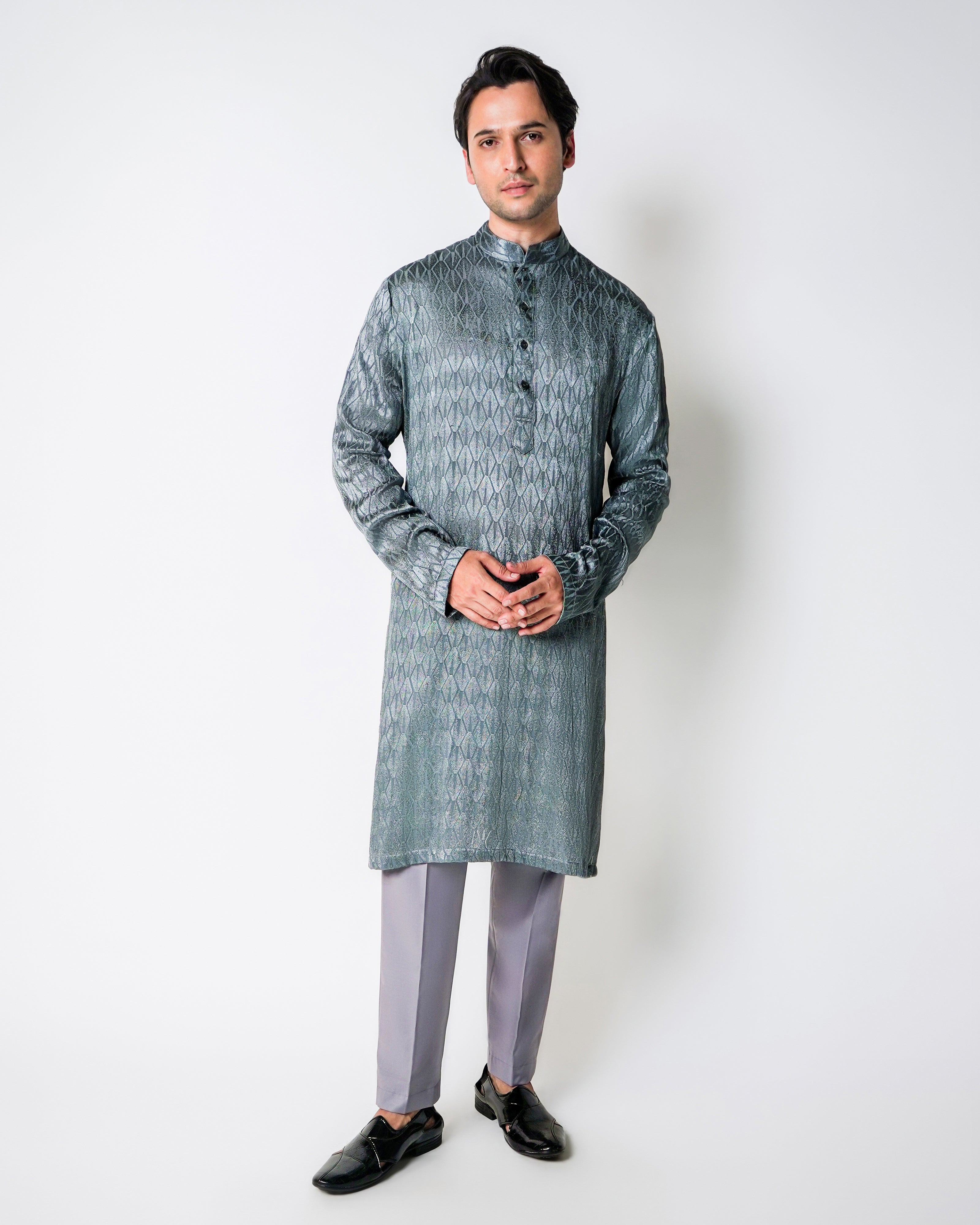 Metal Grey self Embroidered Silk Kurta Set