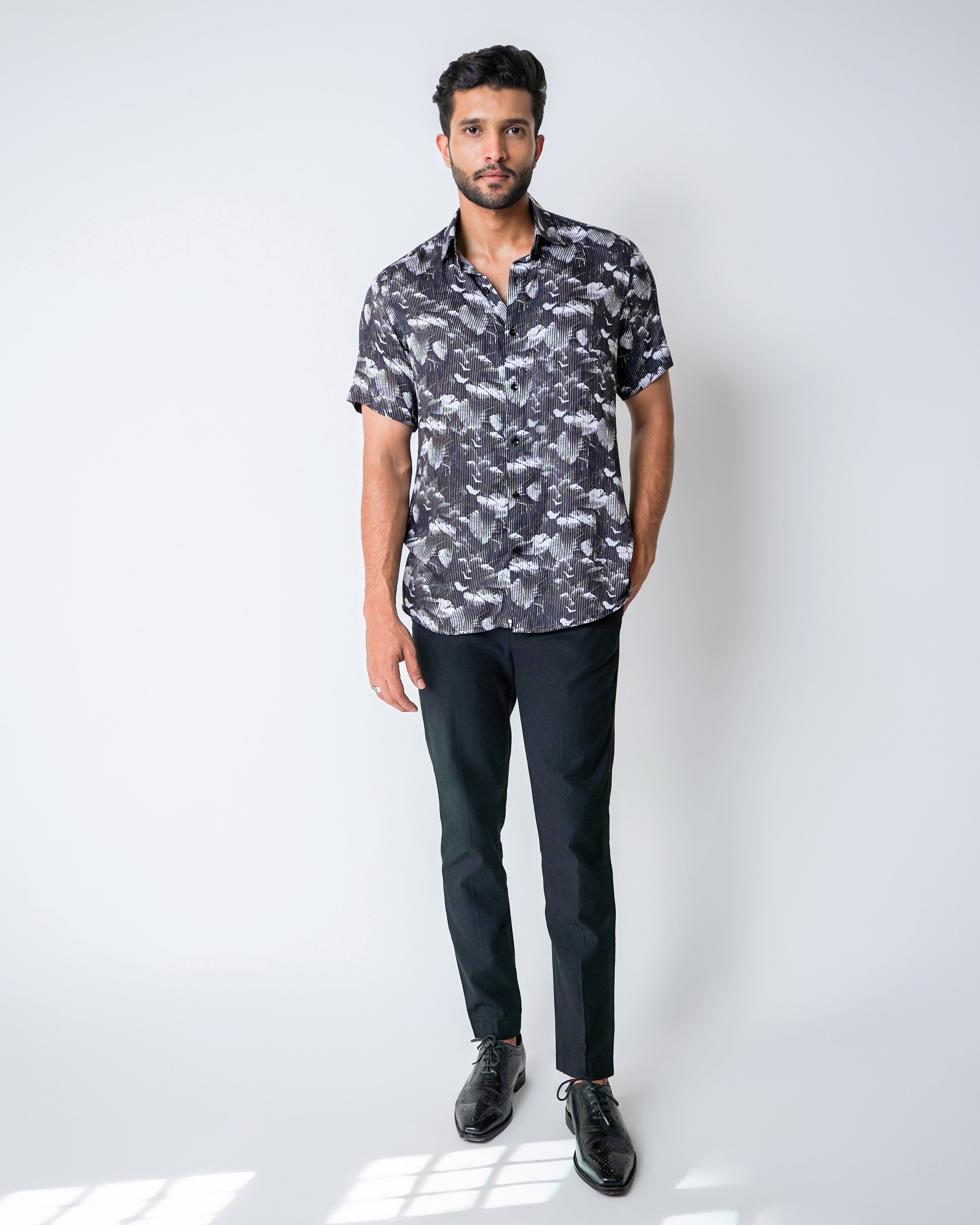 Black and White Tencel floral Stripe Shirt