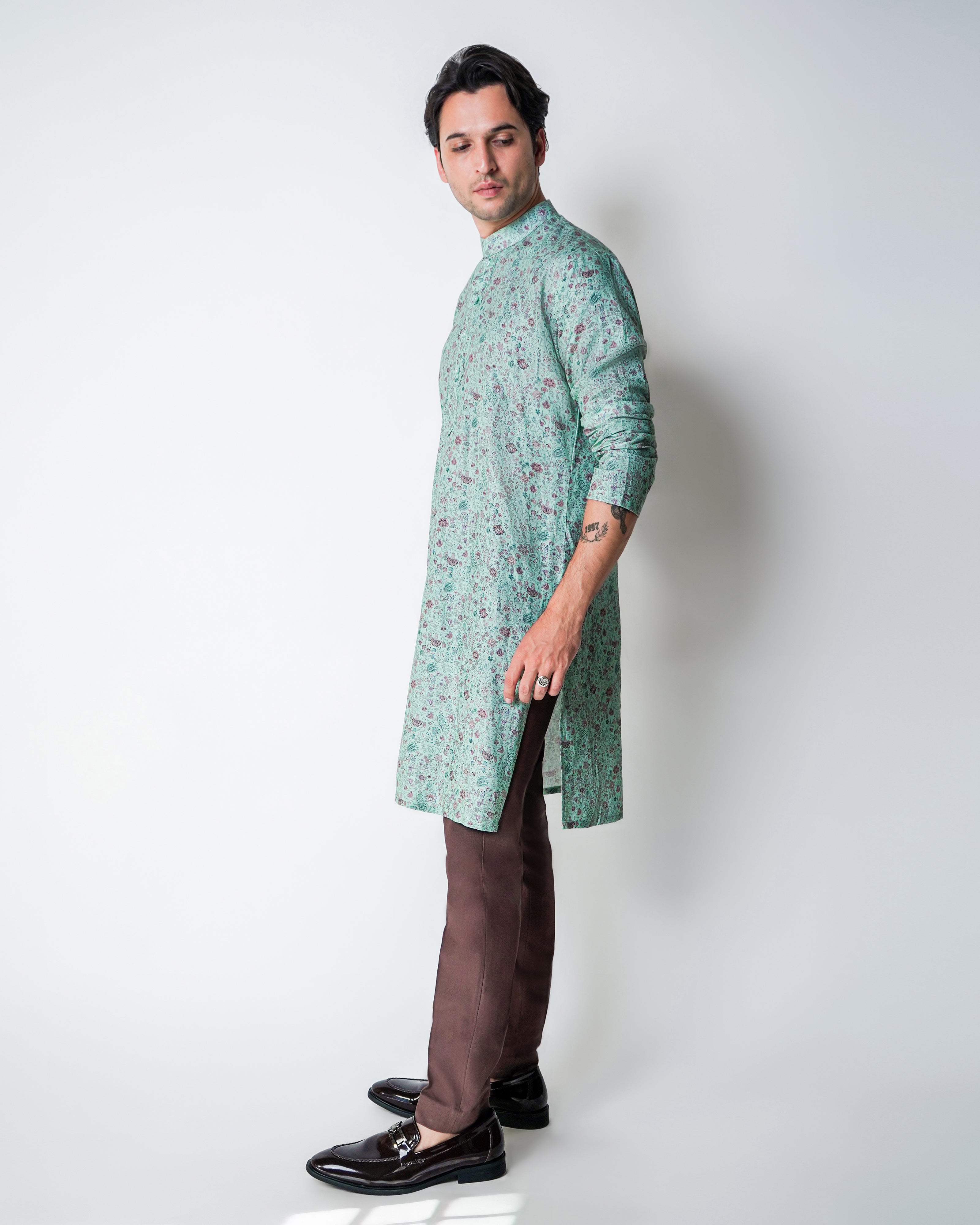 Green and pink Linen Floral printed kurta set