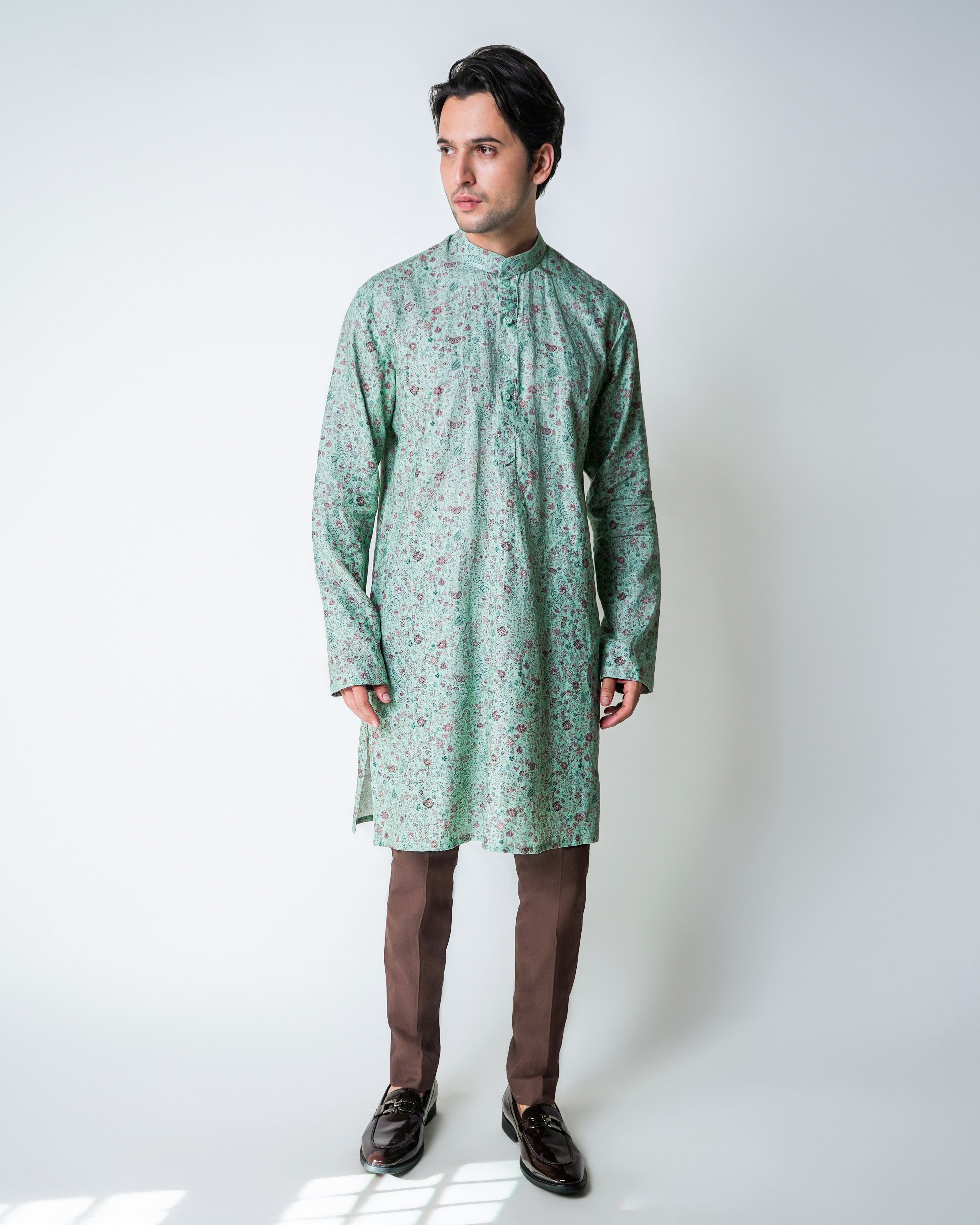 Green and pink Linen Floral printed kurta set