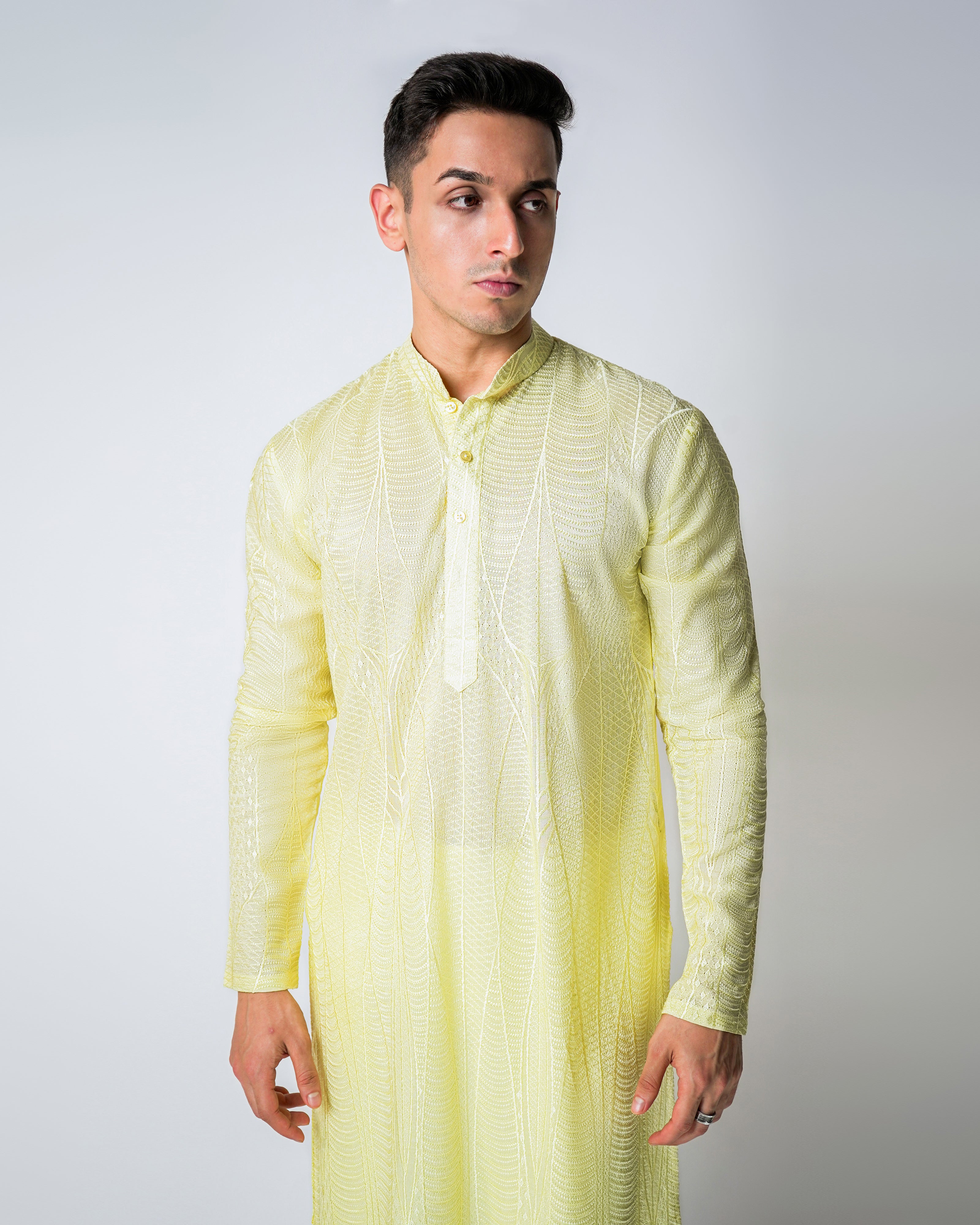 Lime Yellow Abstract Self Embroidered Silk Kurta Set