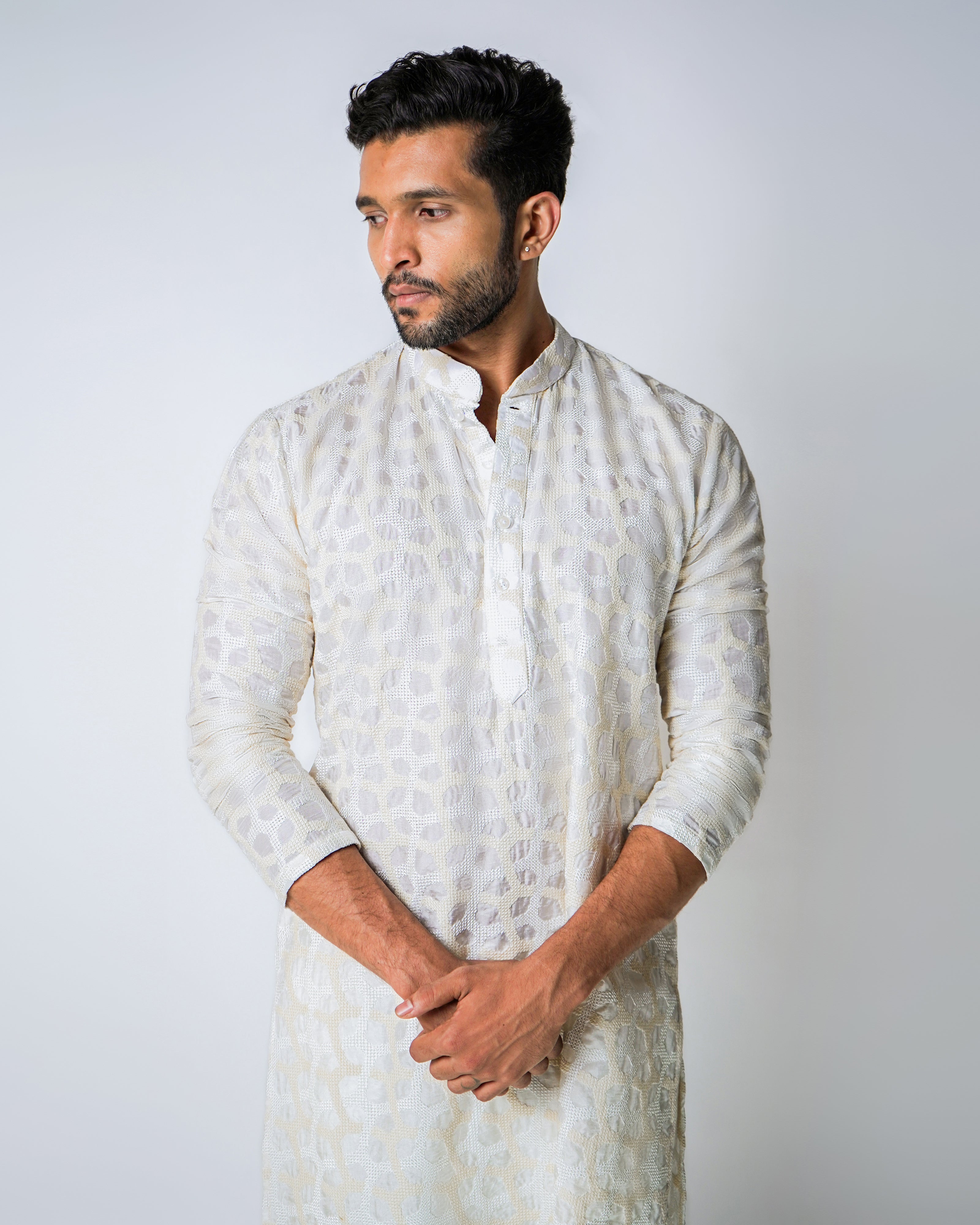 Ivory and Beige Geometric Self Embroidered Silk Kurta Set
