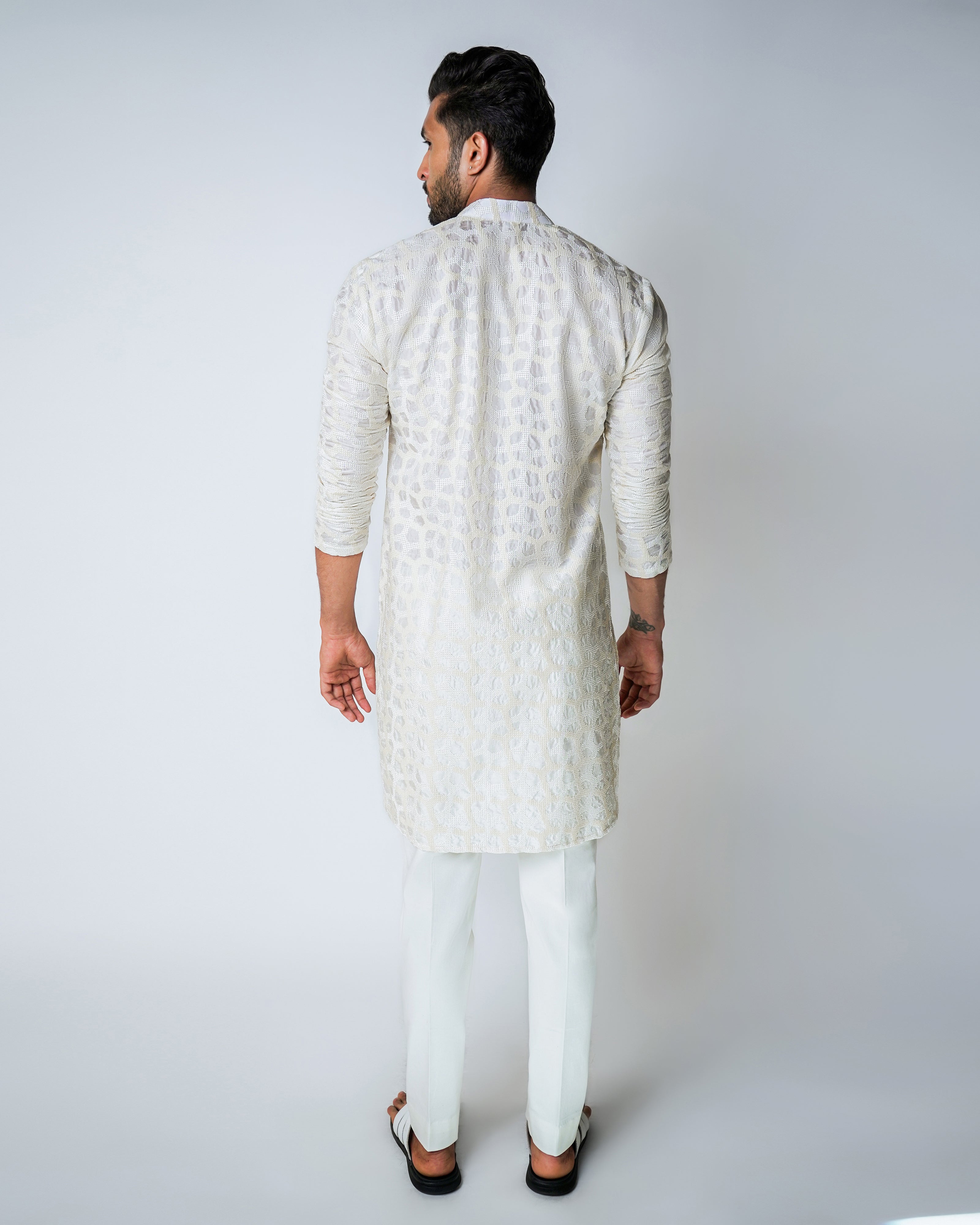 Ivory and Beige Geometric Self Embroidered Silk Kurta Set