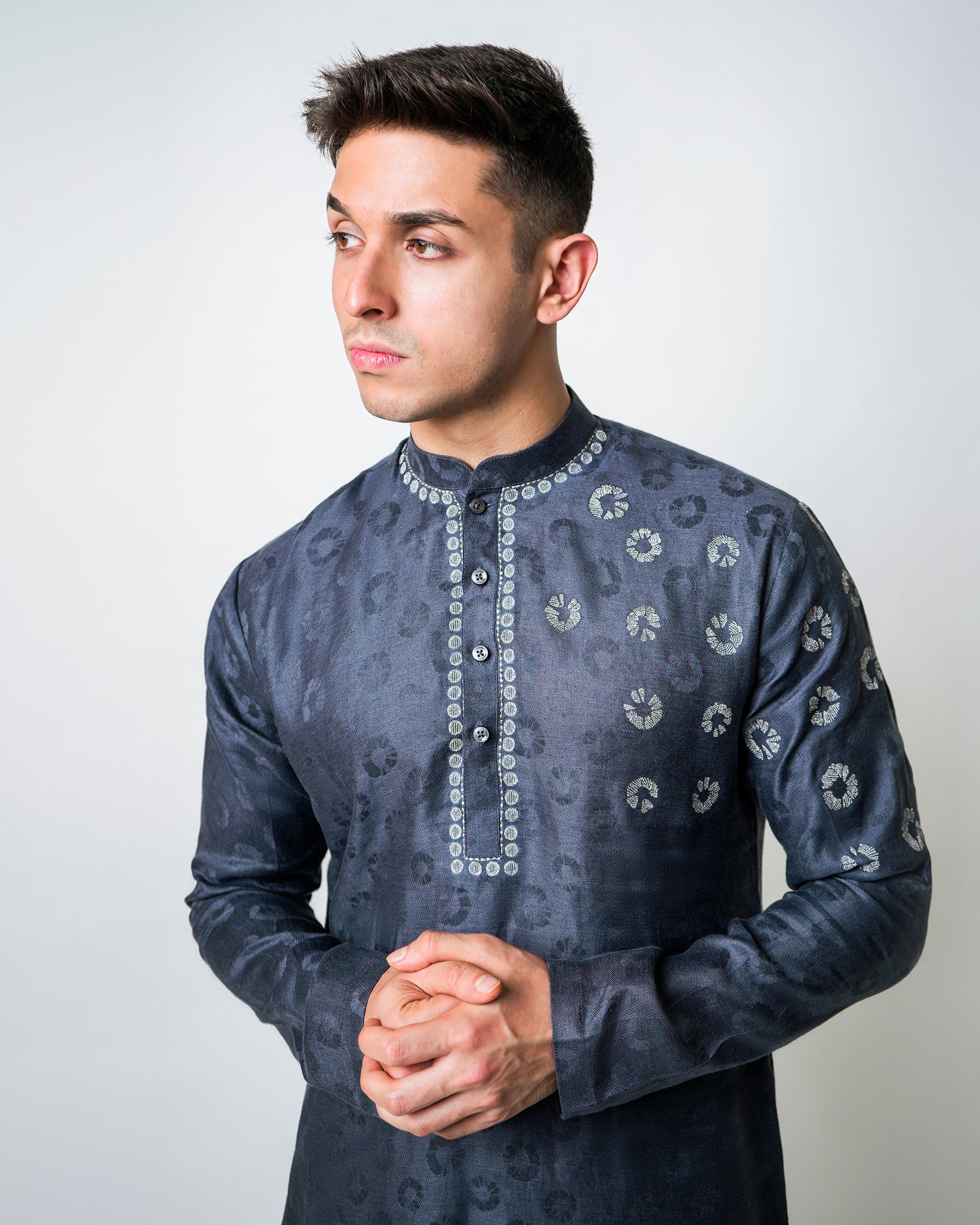 Dark Grey linen with silver metallic embroidery kurta set