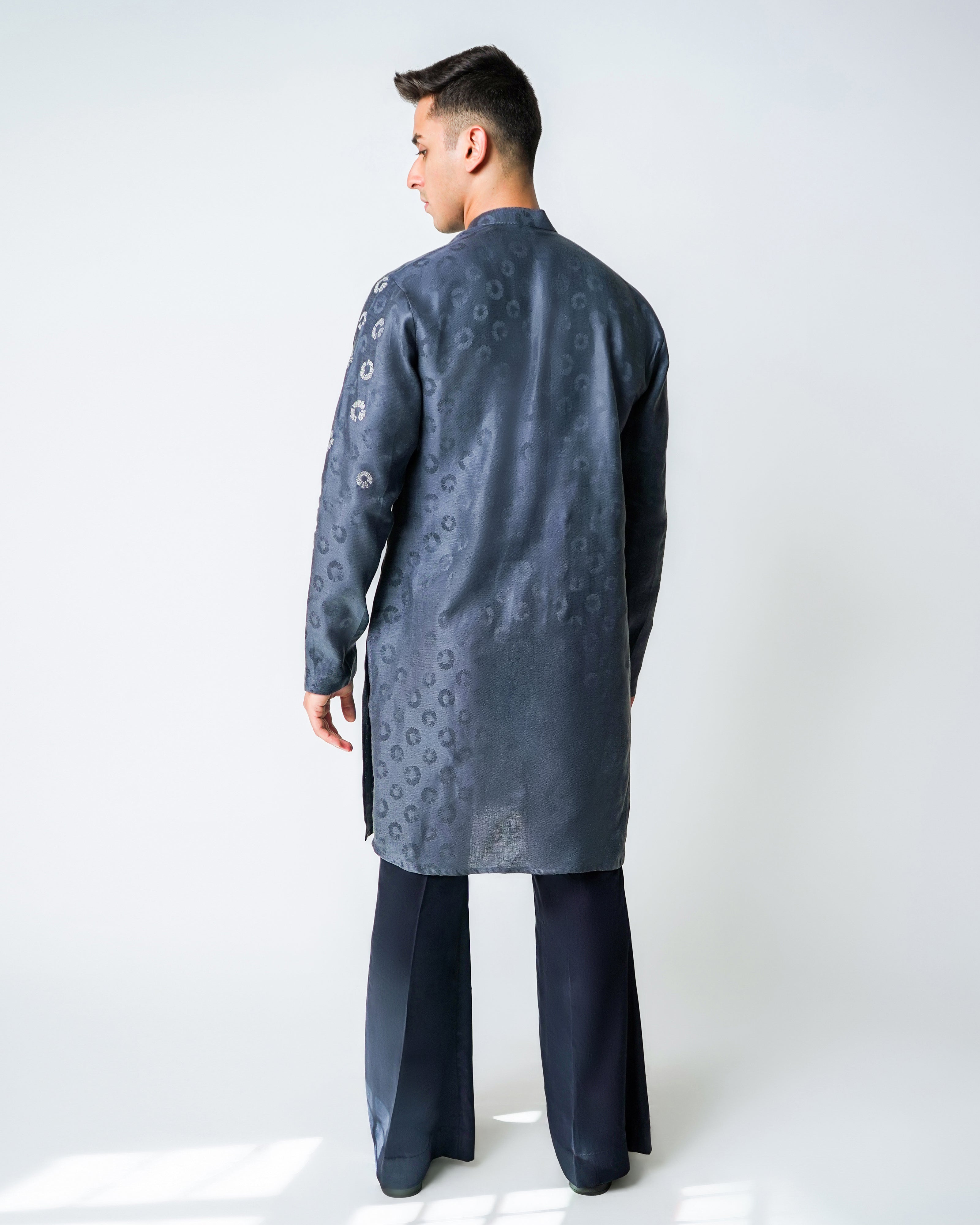 Dark Grey linen with silver metallic embroidery kurta set