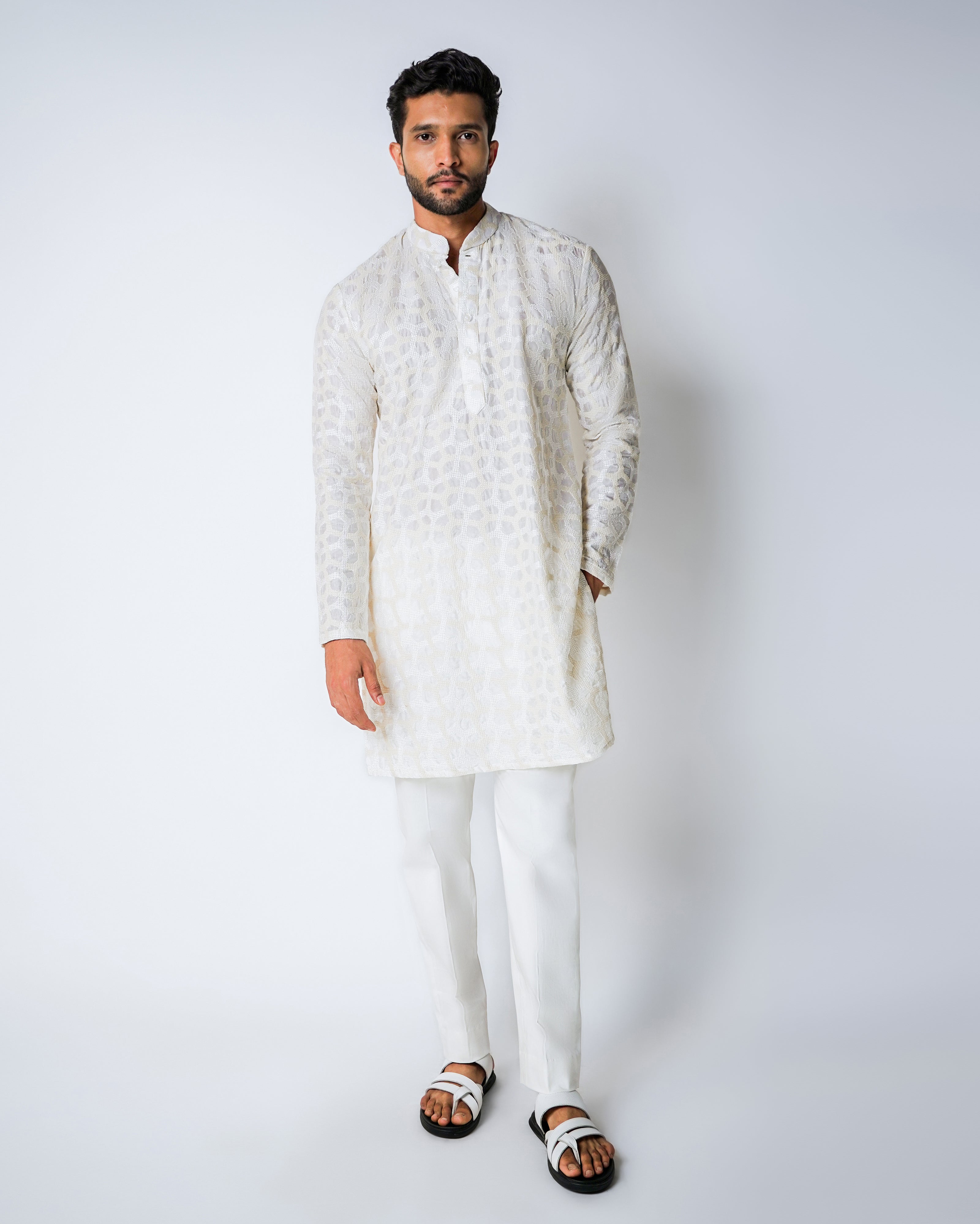 Ivory and Beige Geometric Self Embroidered Silk Kurta Set