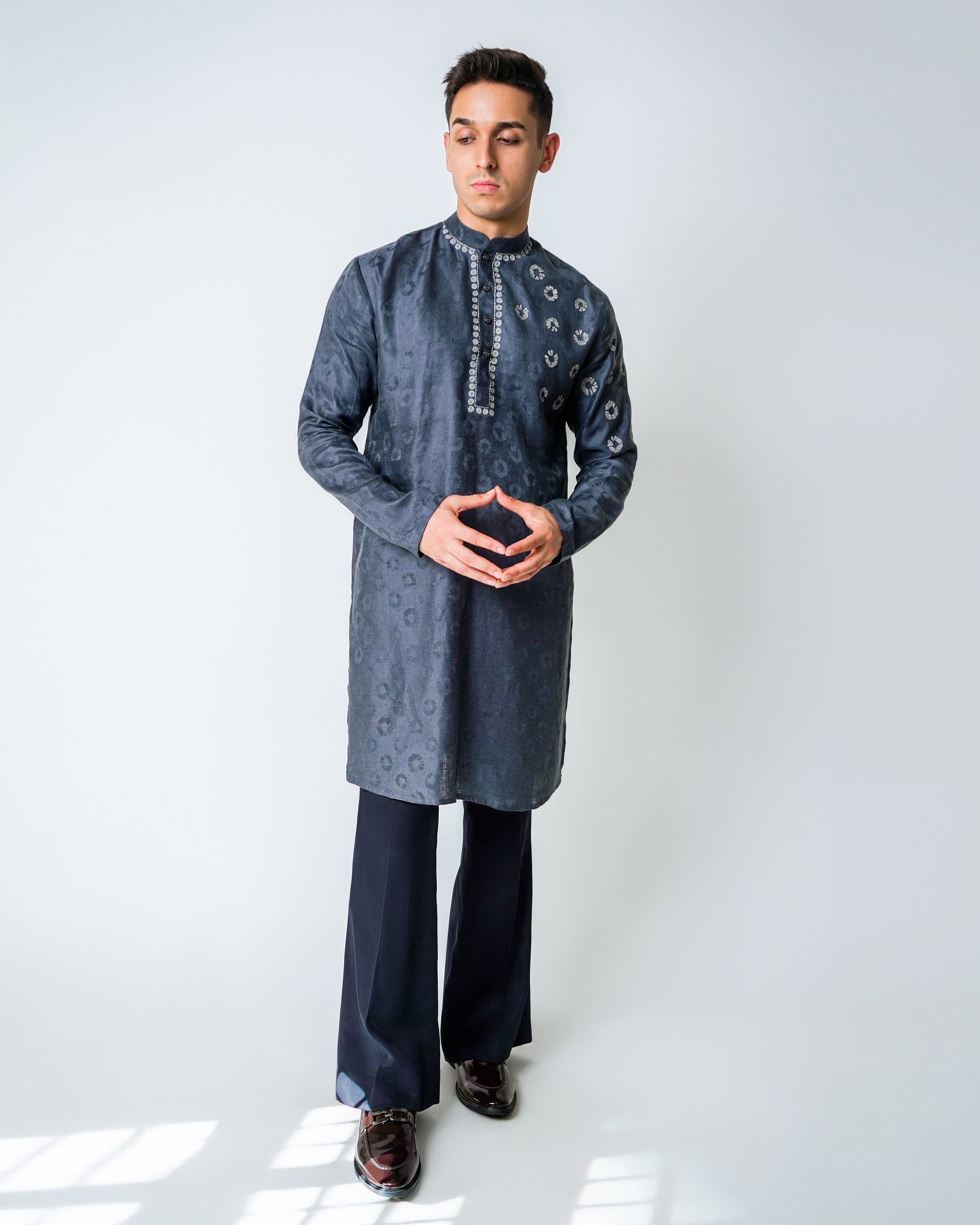 Dark Grey linen with silver metallic embroidery kurta set