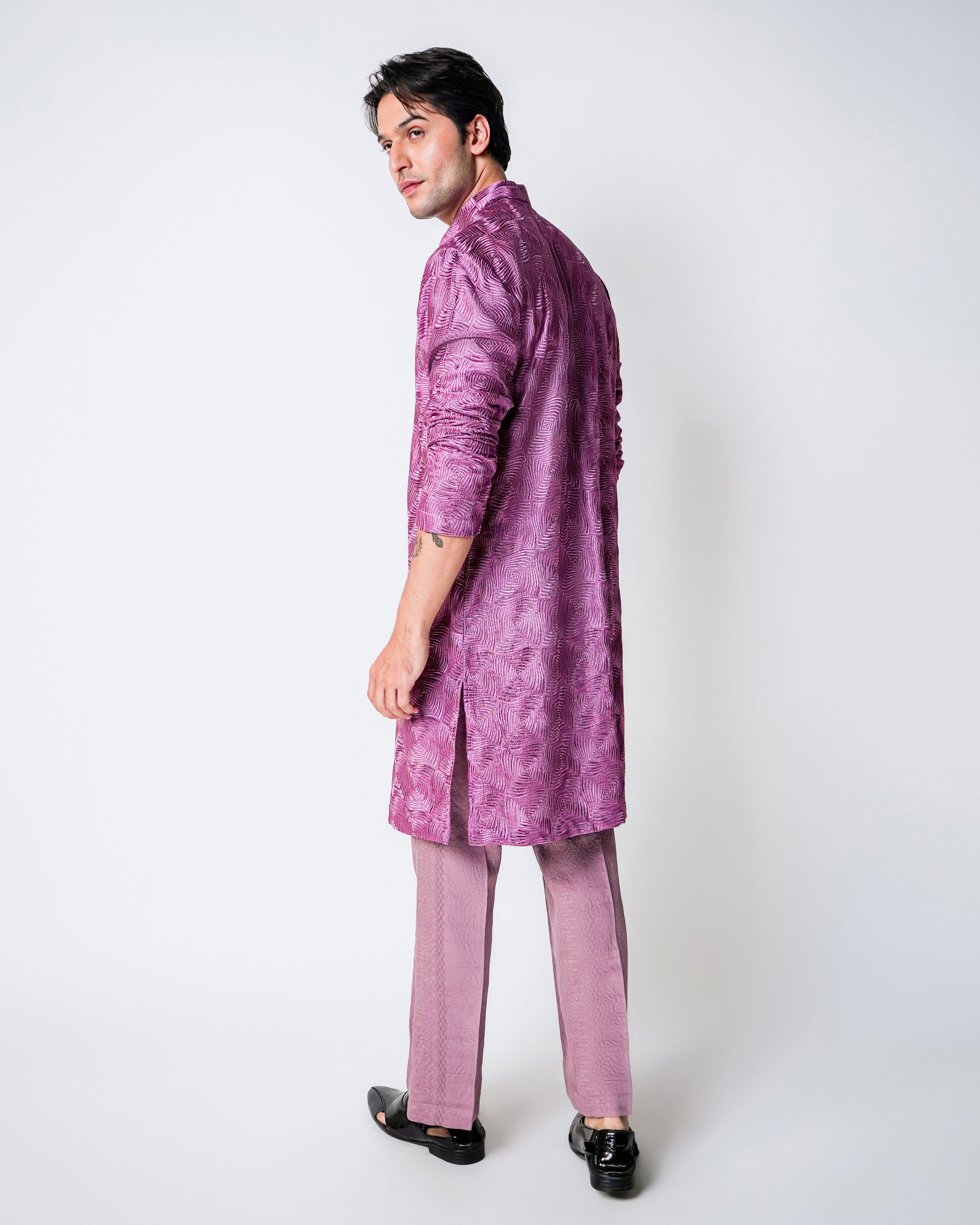 Purple Geometric Self Embroidered Silk Kurta Set