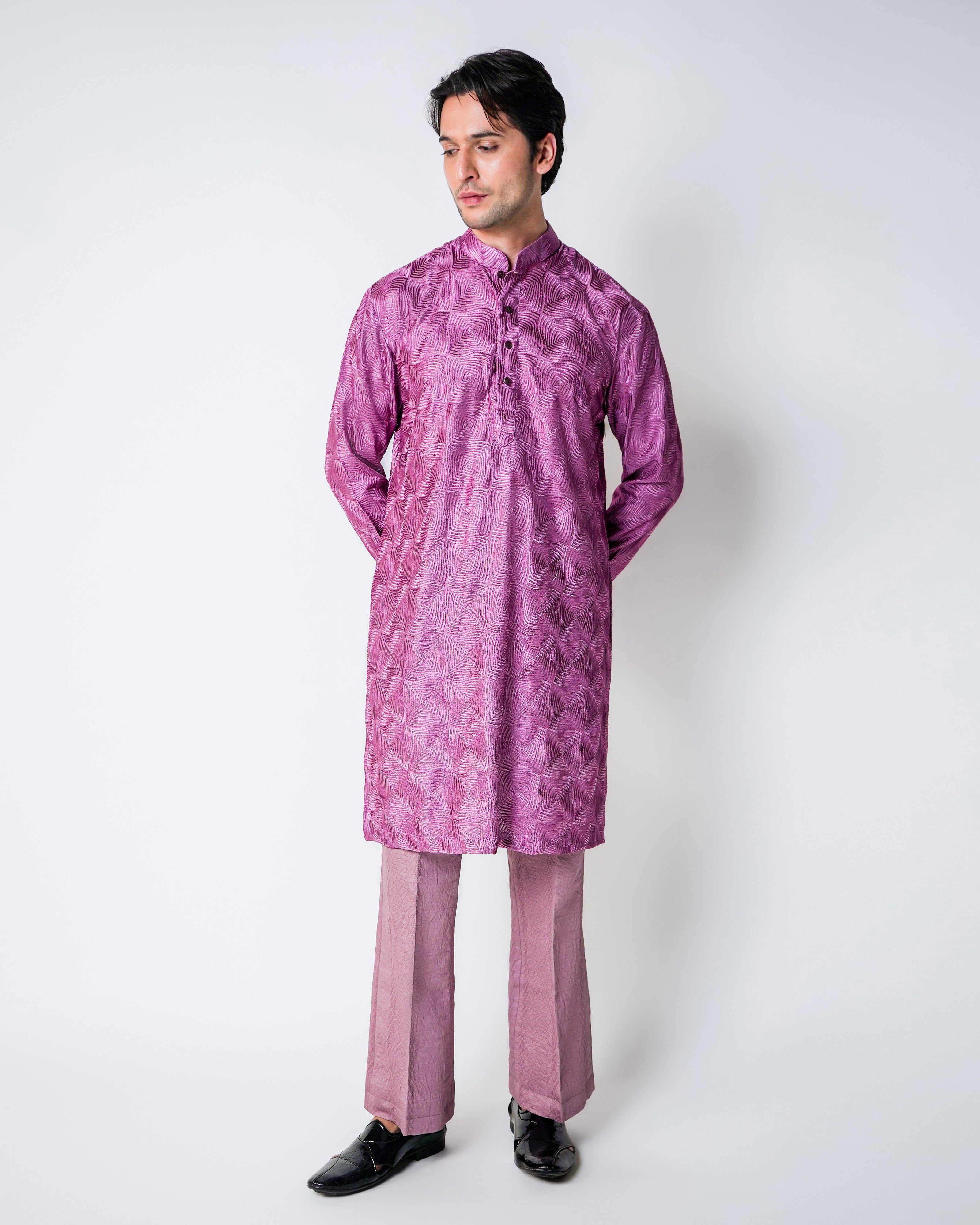 Purple Geometric Self Embroidered Silk Kurta Set