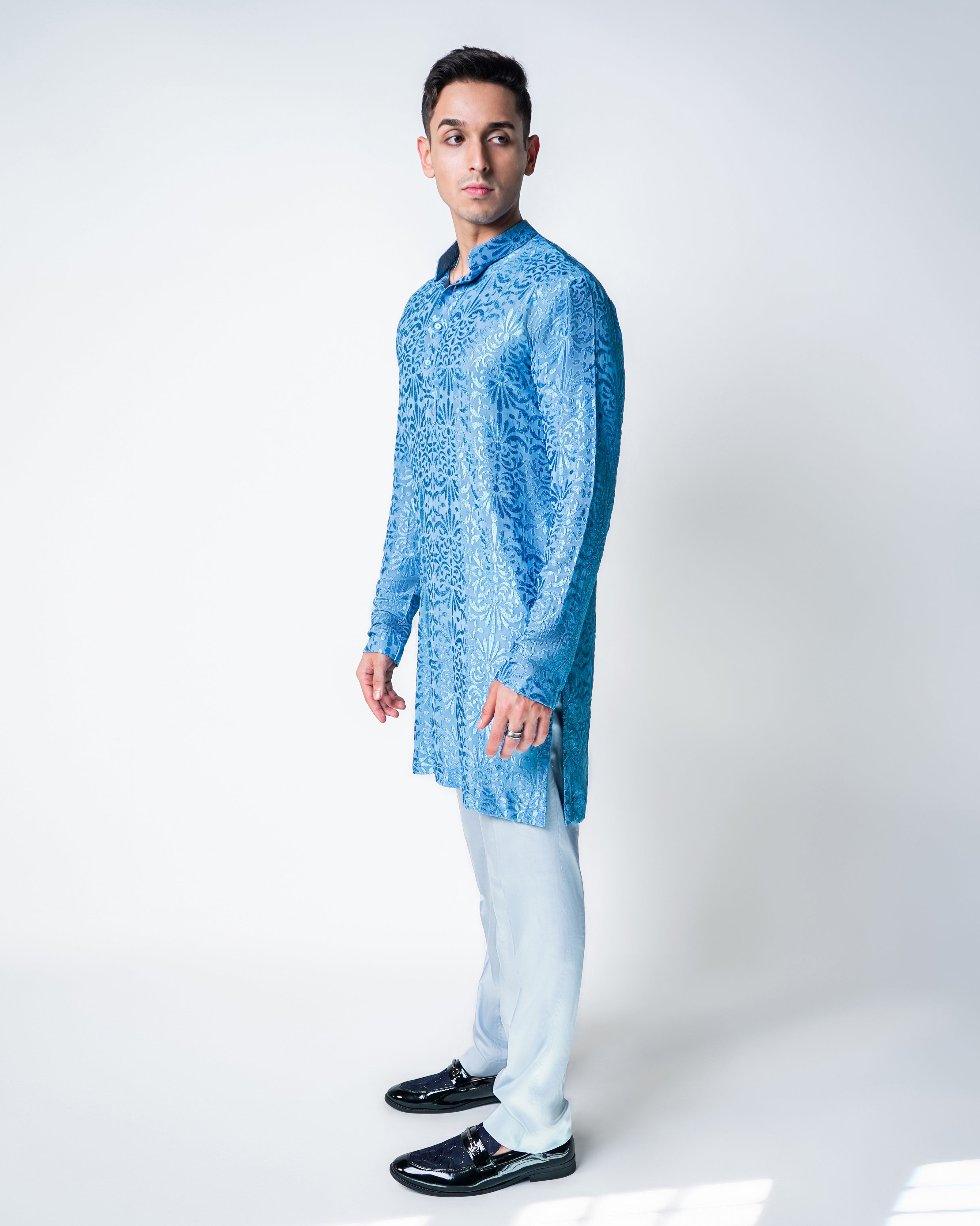 Blue Self Embroidered Silk Kurta Set