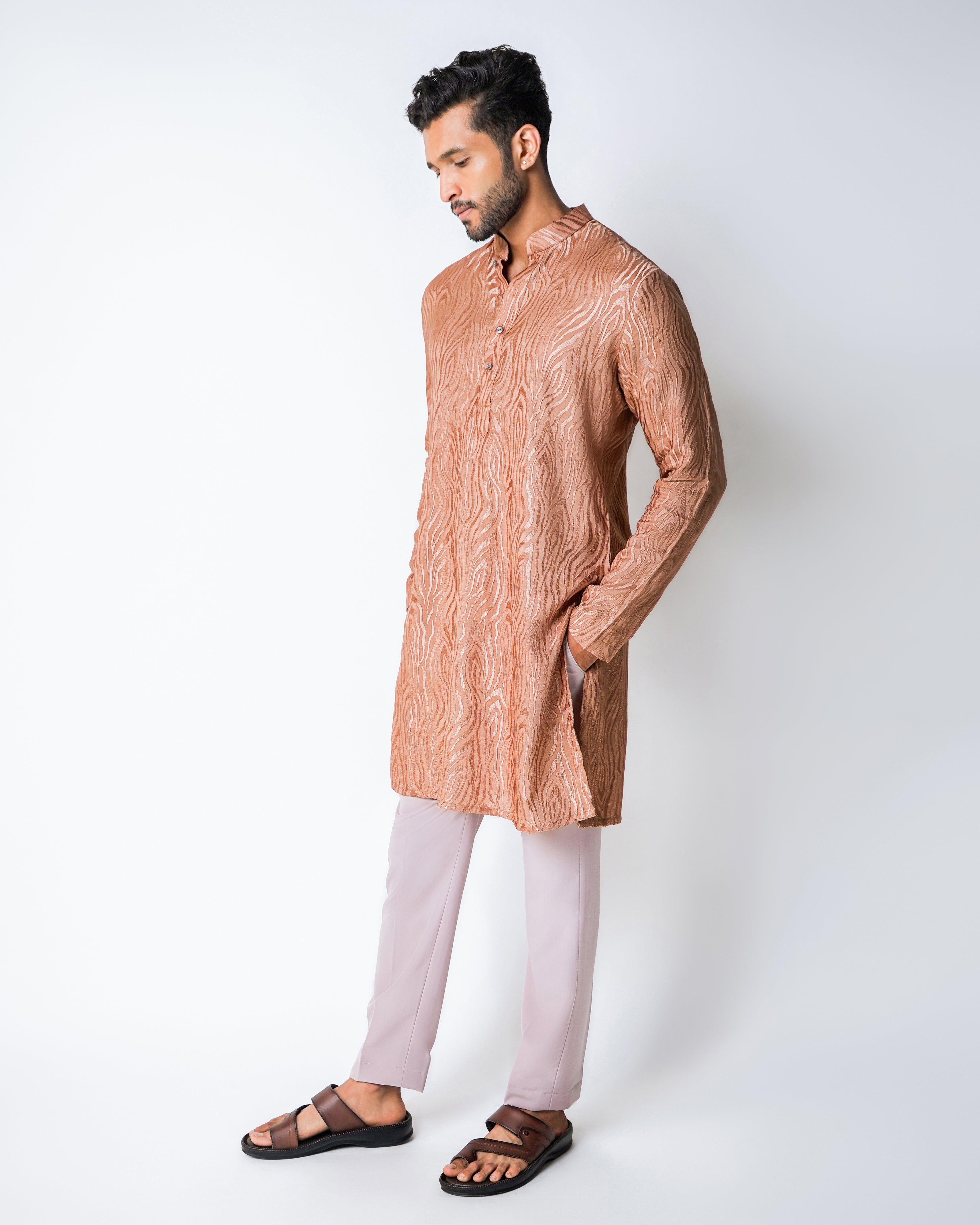 Brown Abstract Self Embroidered Silk Kurta Set