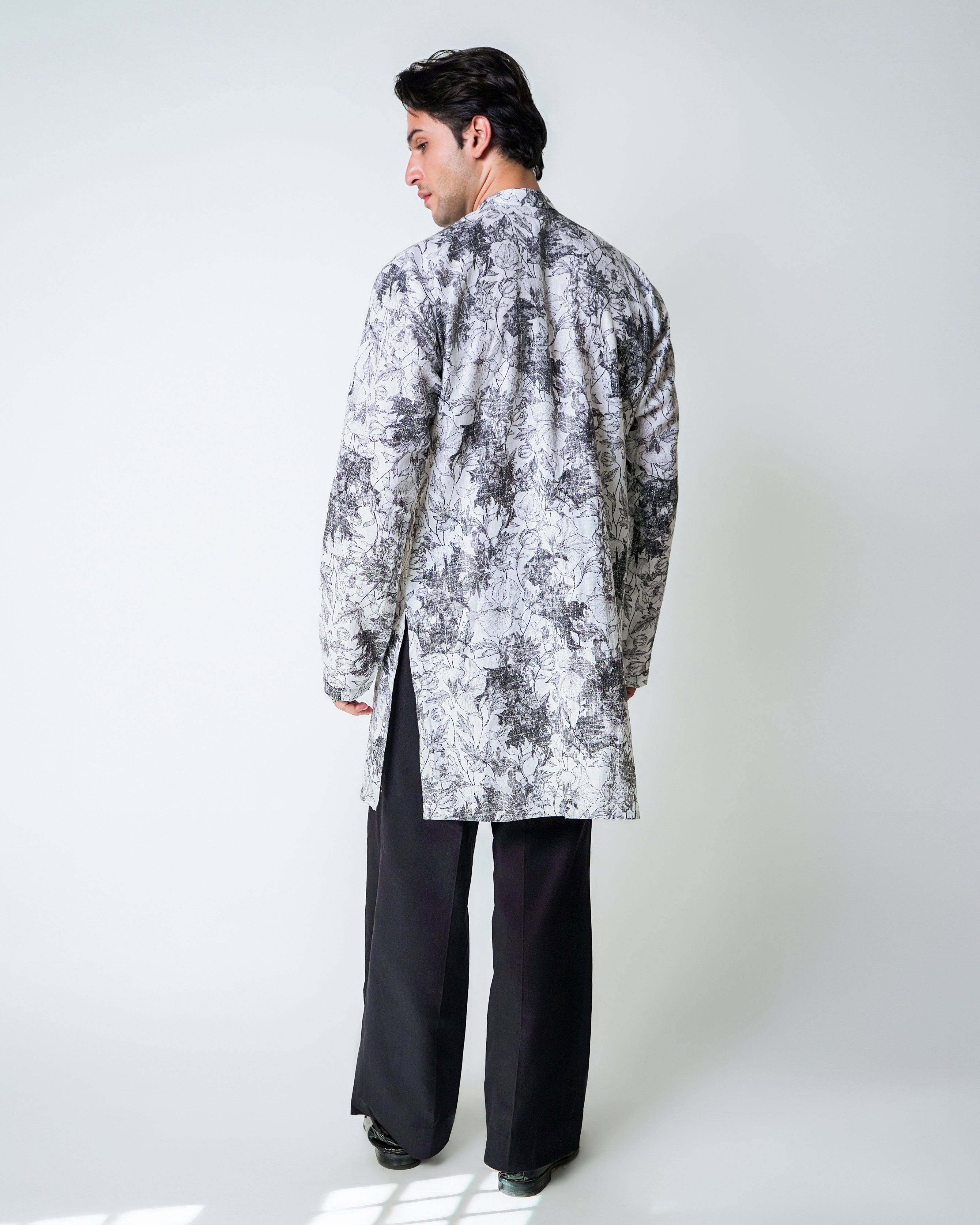 Black and White Printed Linen with Mirror embroidery kurta set