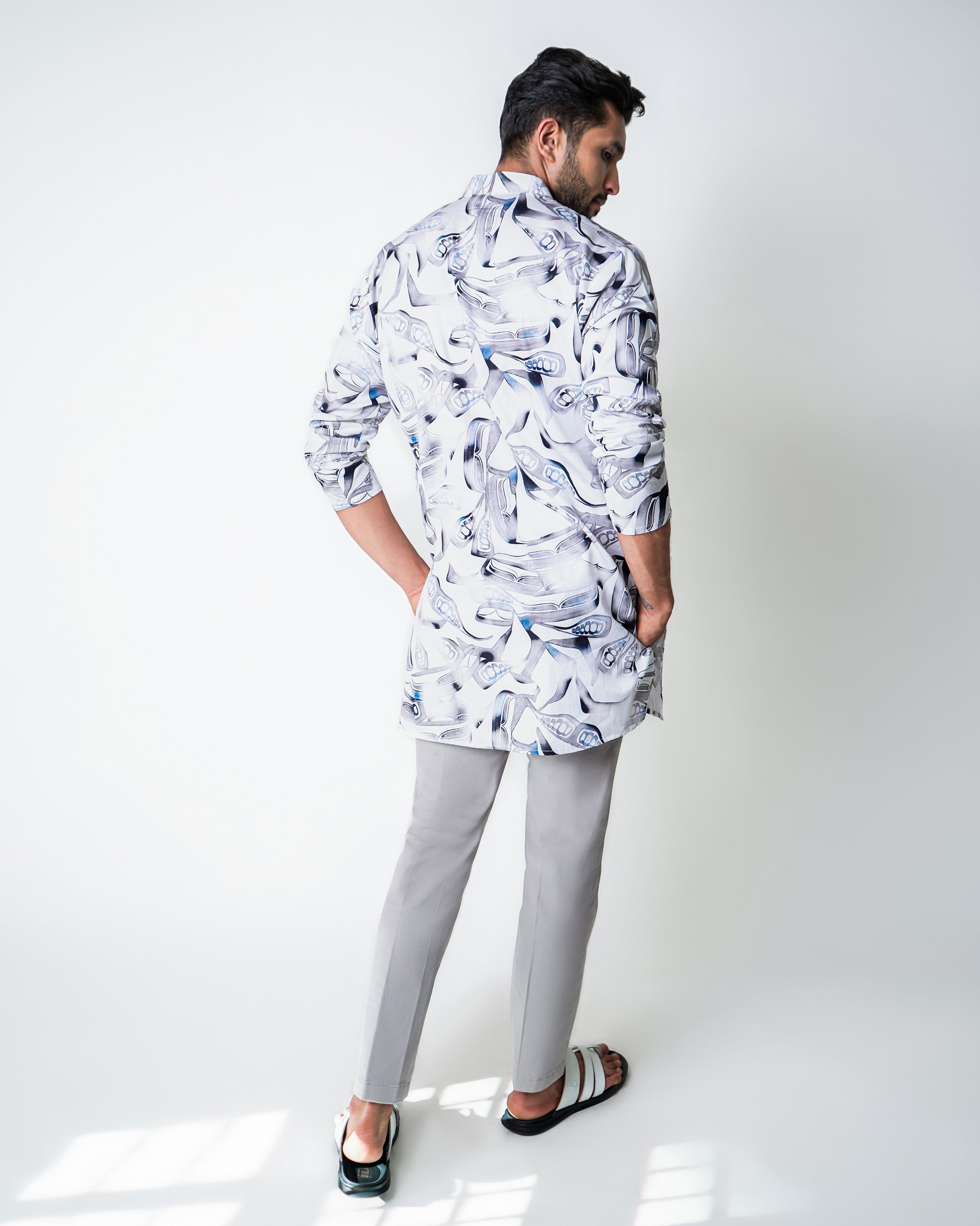 White & Grey Cotton printed kurta set