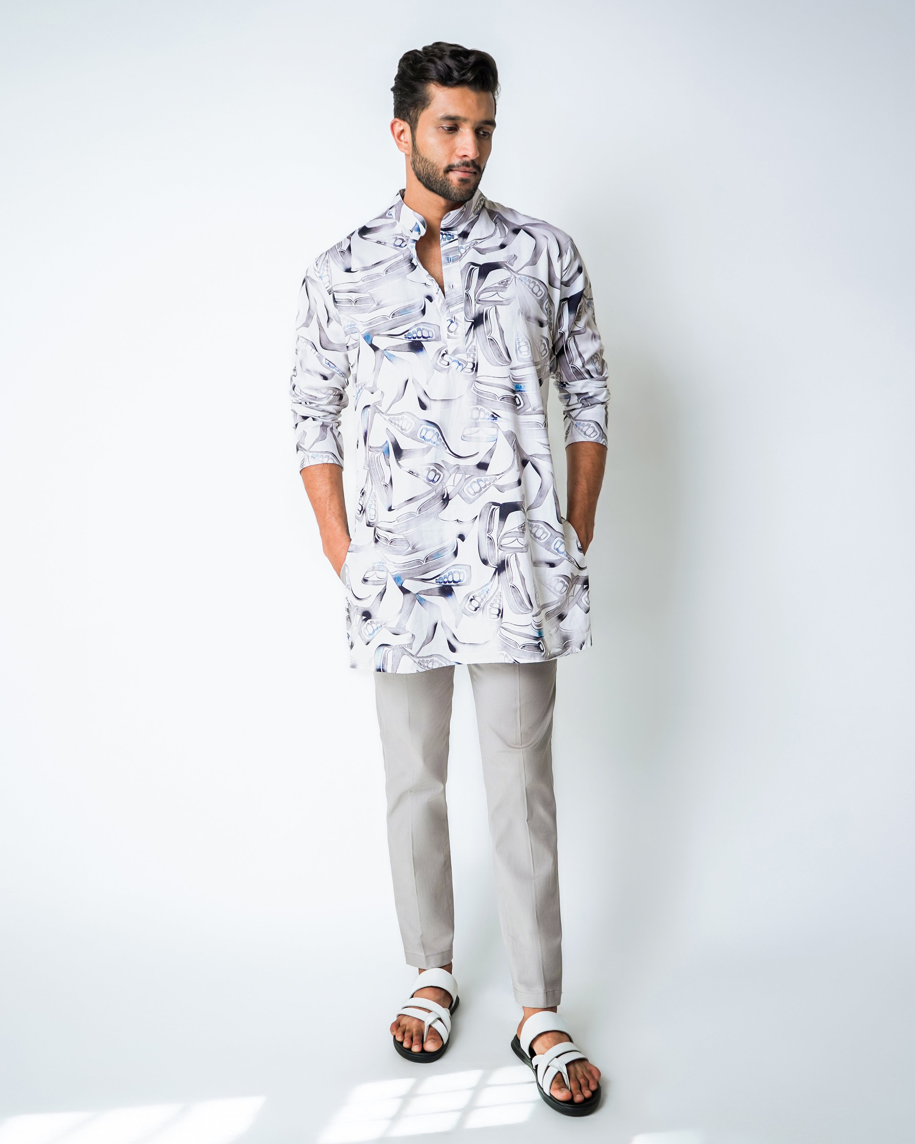 White & Grey Cotton printed kurta set
