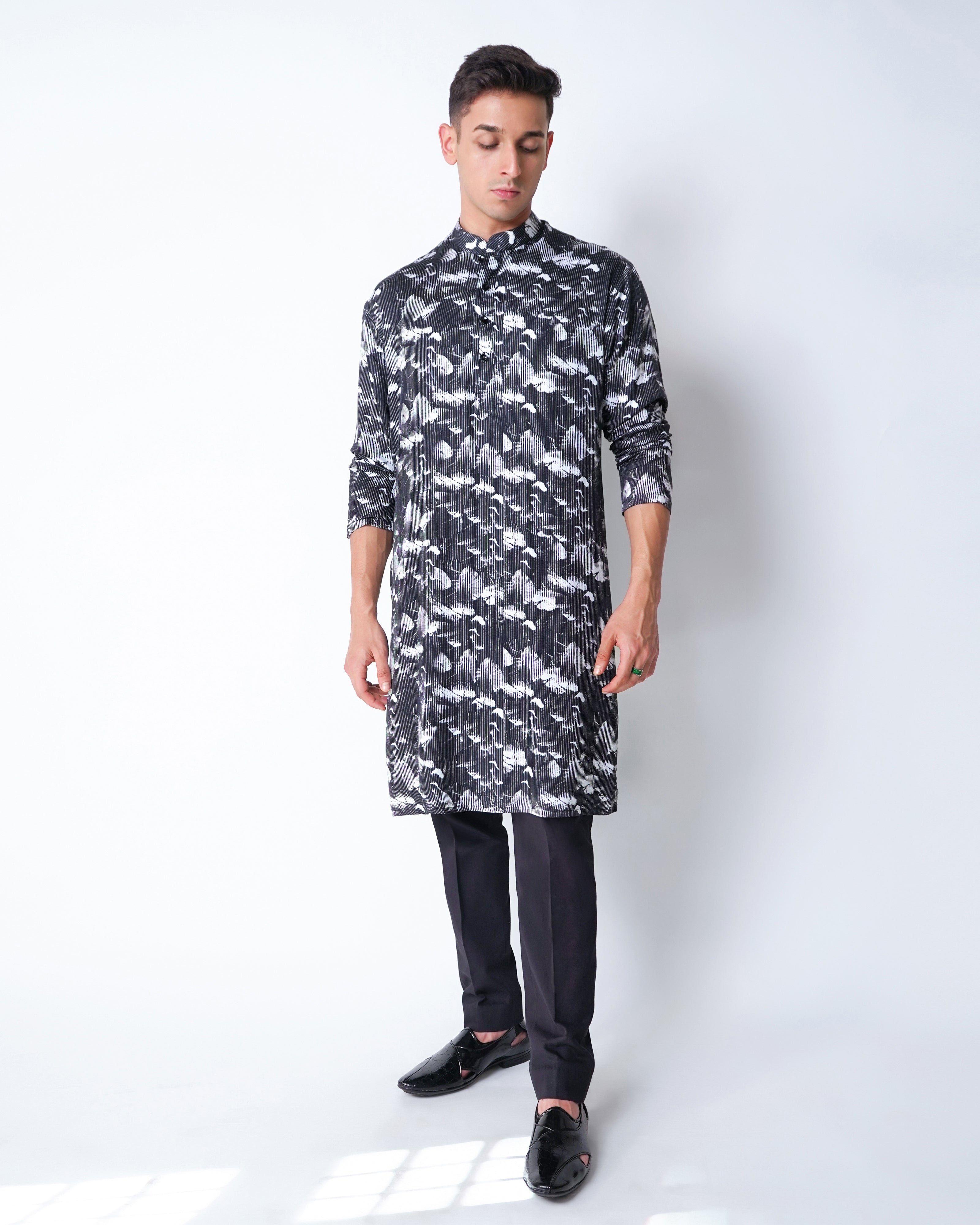 Black and White tencel floral Stripe Kurta Set