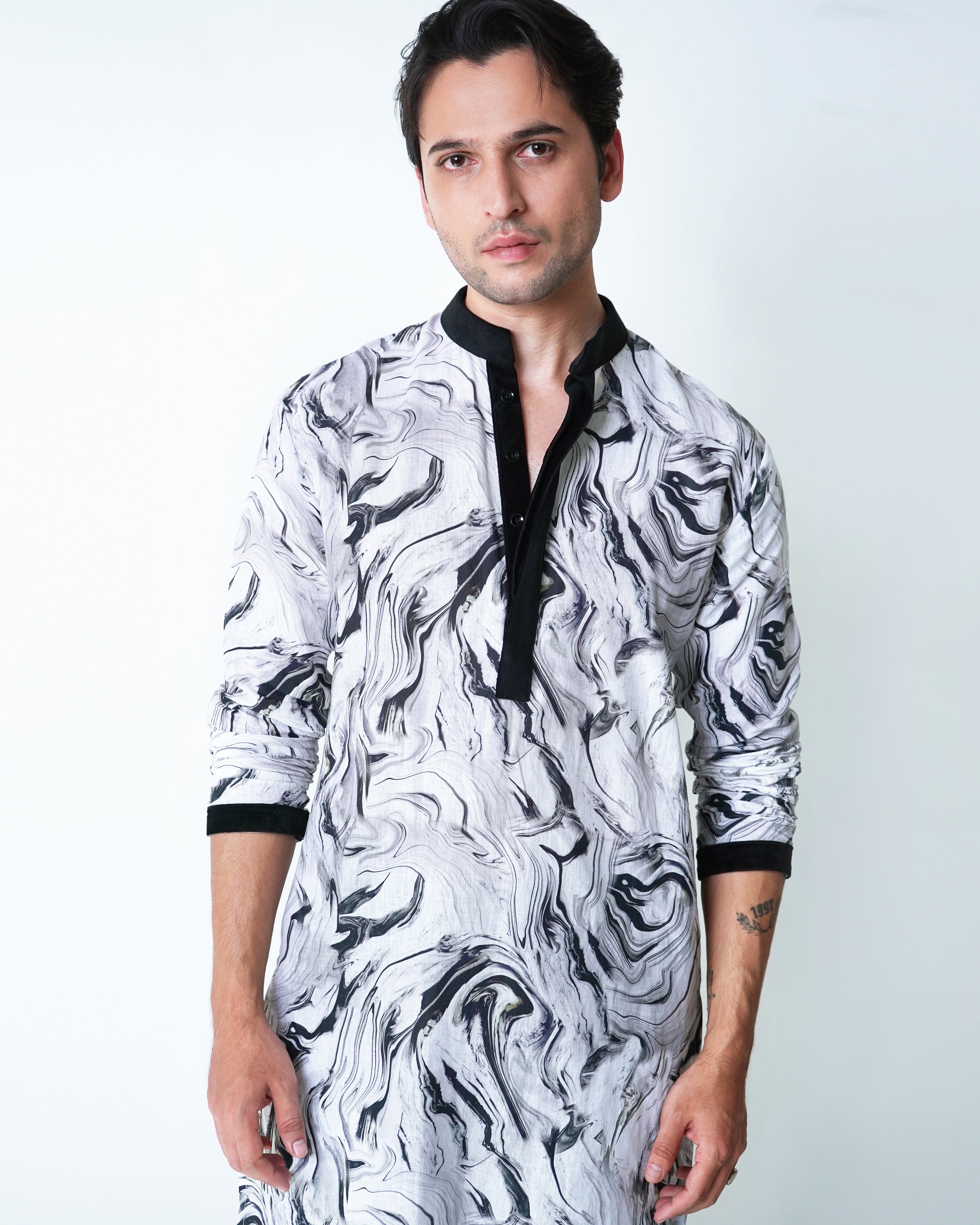 Marble Haze - Black and White linen printed kurta set with black velvet detailing