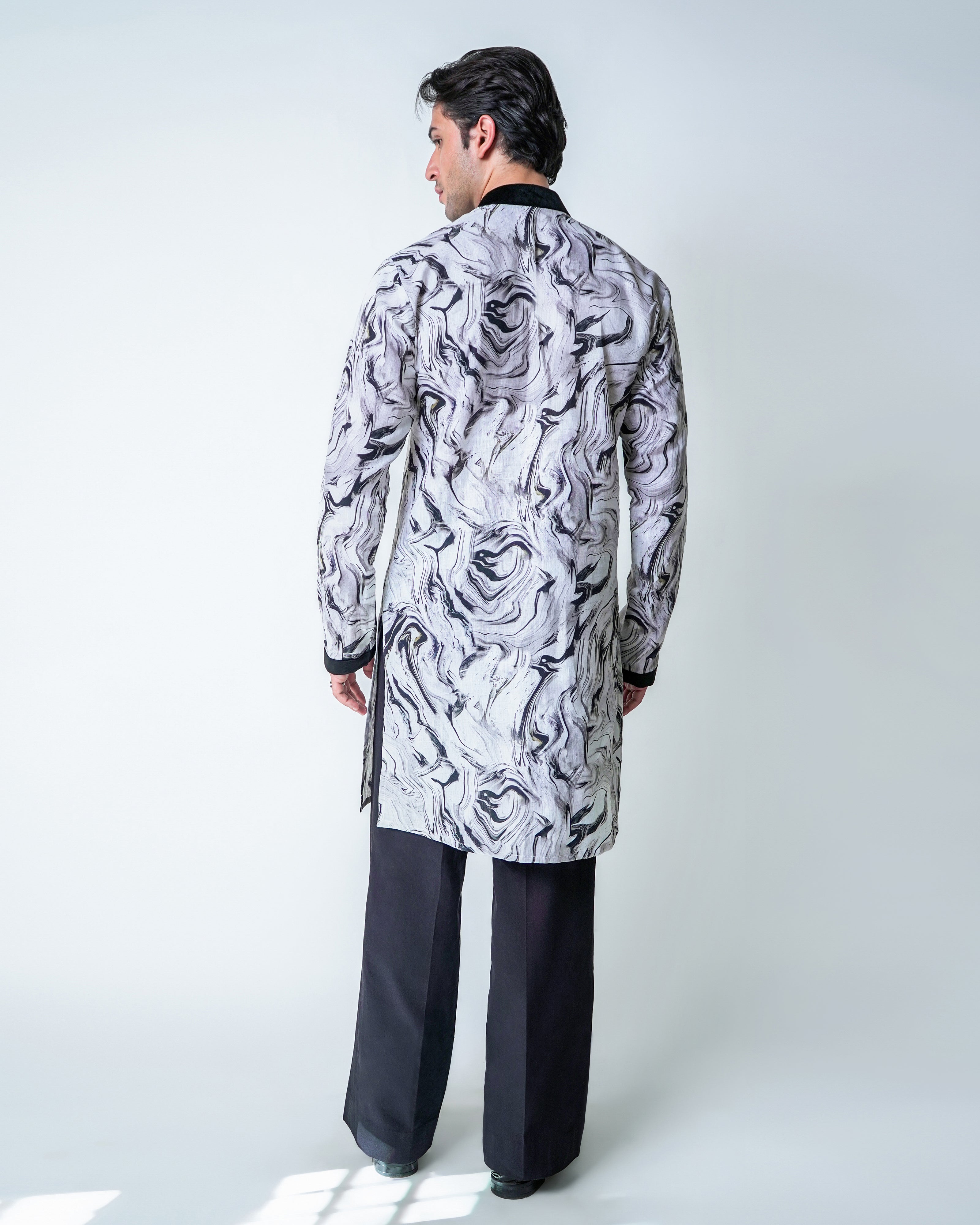 Marble Haze - Black and White linen printed kurta set with black velvet detailing