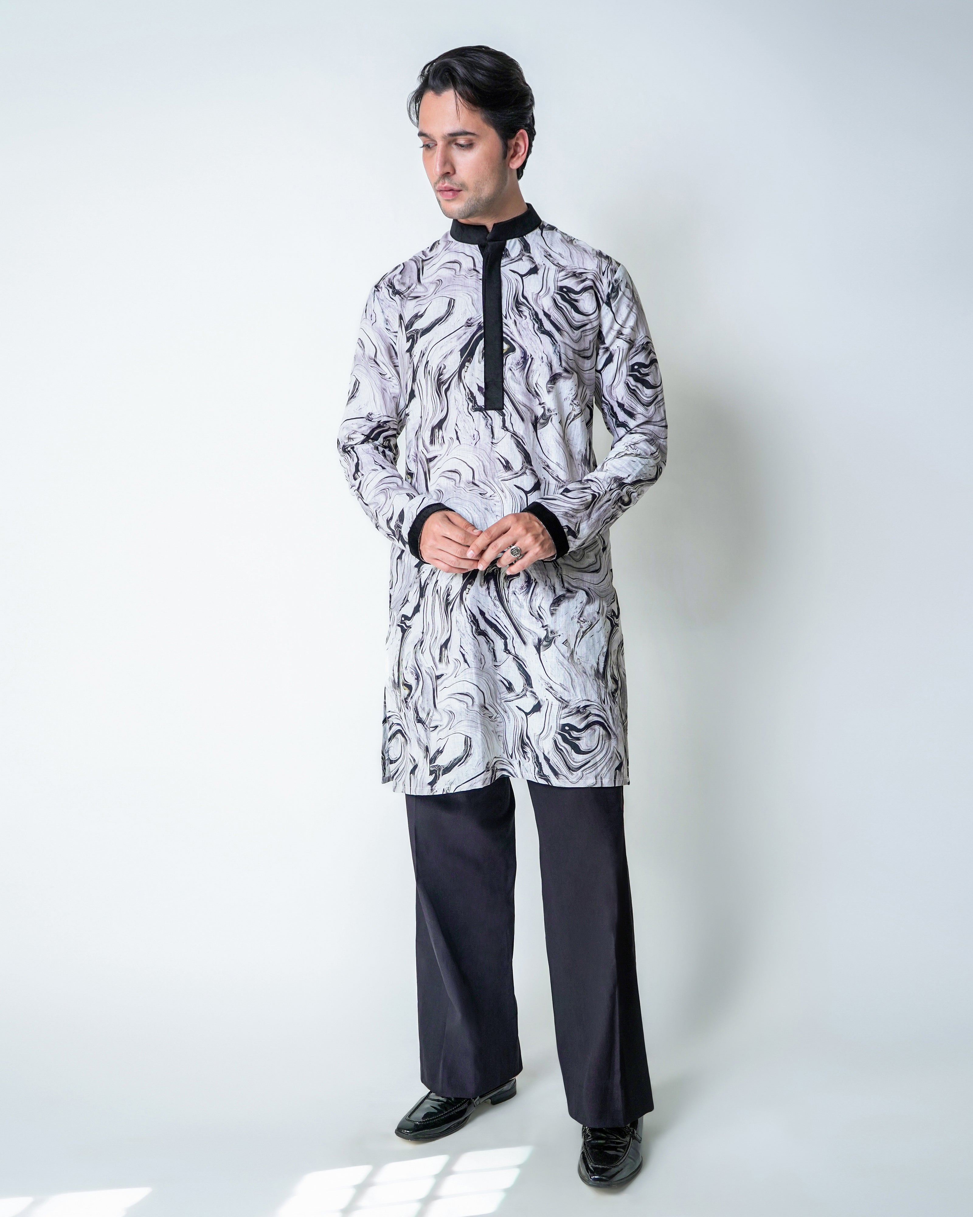 Marble Haze - Black and White linen printed kurta set with black velvet detailing