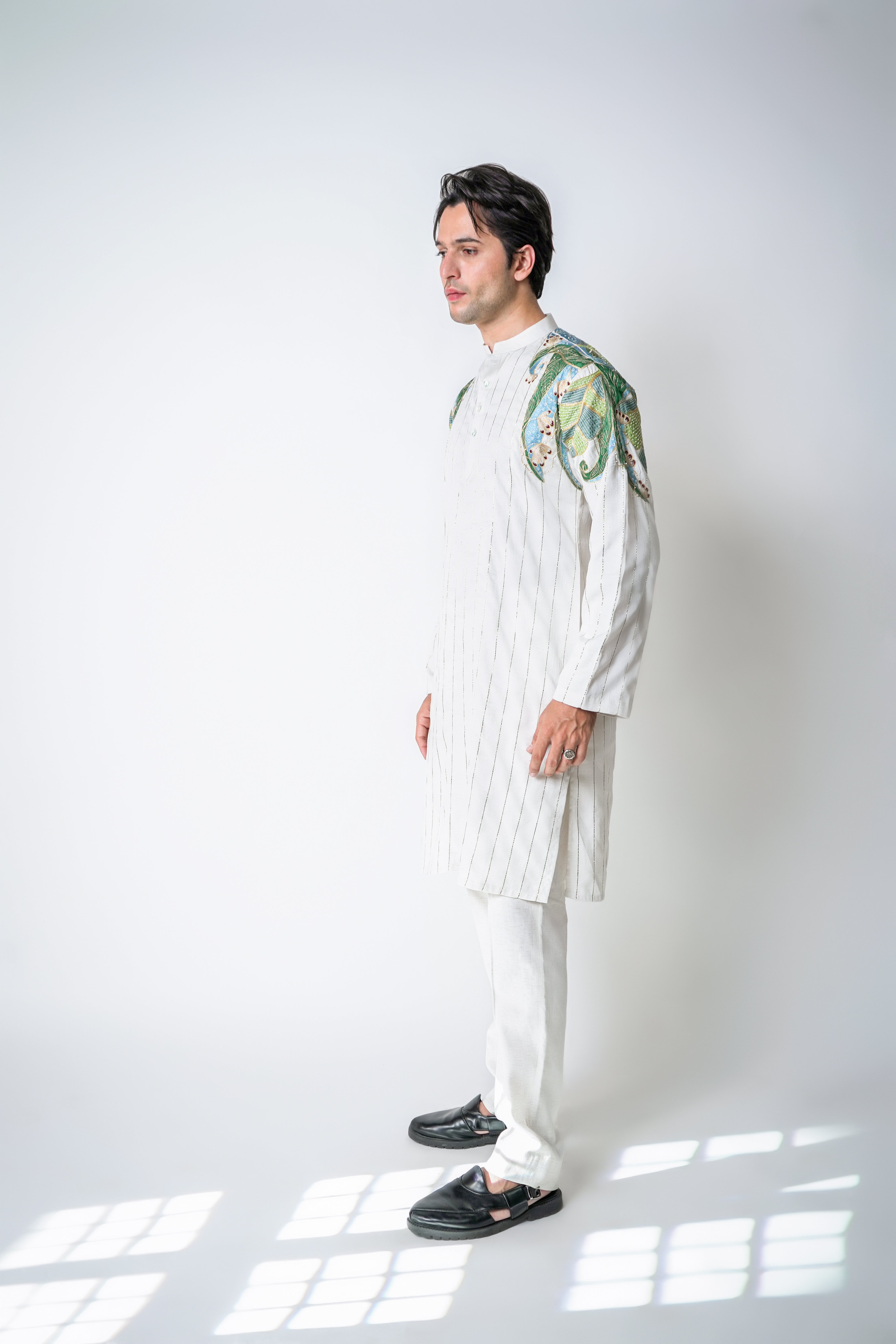 Cream Tencel Floral embroidery & Lurex Stripe Kurta set